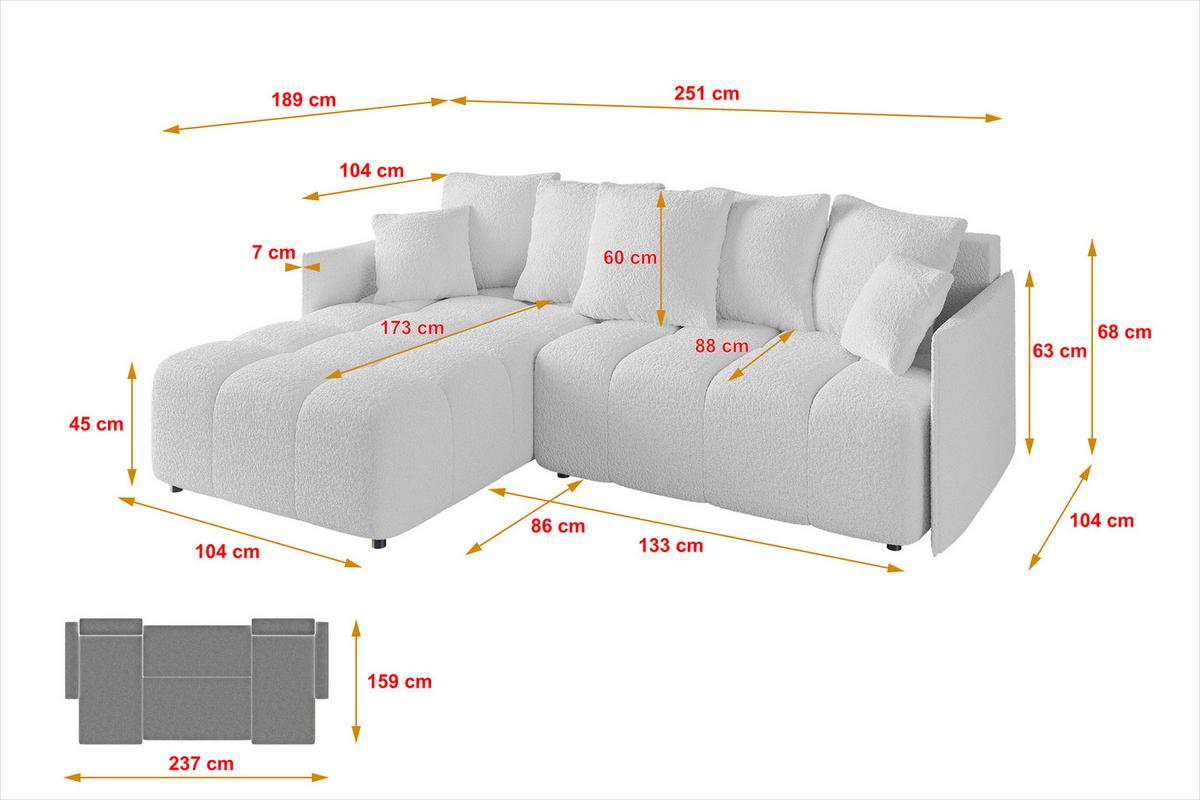 ECKSOFA Ottomane links LONLI-L 251x189x68 Weiß Bouclé - Weiß, Holzwerkstoff/Kunststoff (251/189cm) - ALTDECOR