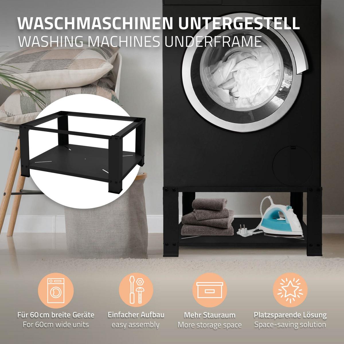 WASCHMASCHINEN UNTERGESTELL mit Ablage Podest Trockner Unterschrank 63x54 cm Schwarz aus Stahl - Schwarz, Metall (54/32/63cm) - ML-DESIGN