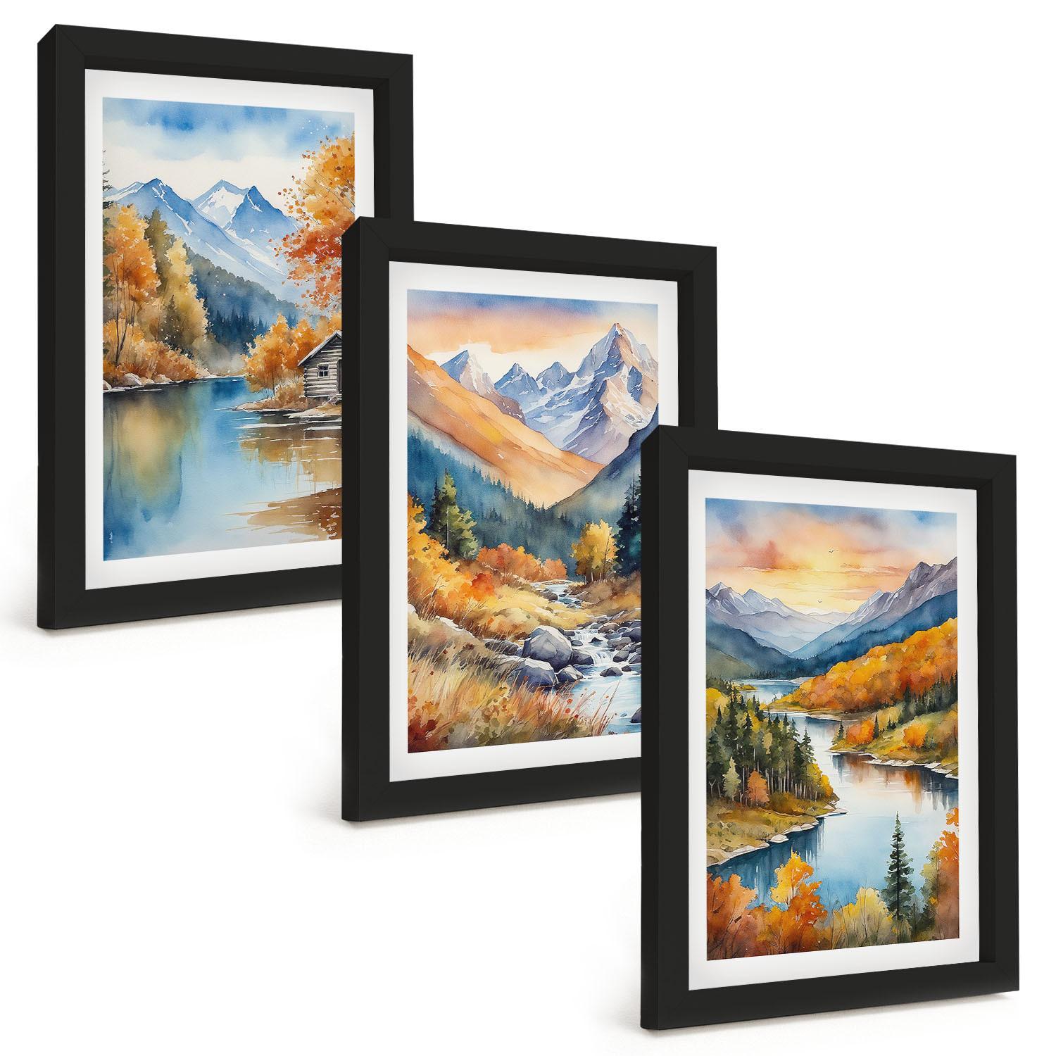 BILDER SET 3er Set - 20x30 cm Schwarzer Rahmen - Berglandschaft, Fluss, Herbst - Schwarz, Kunststoff (20/30cm) - TULUP