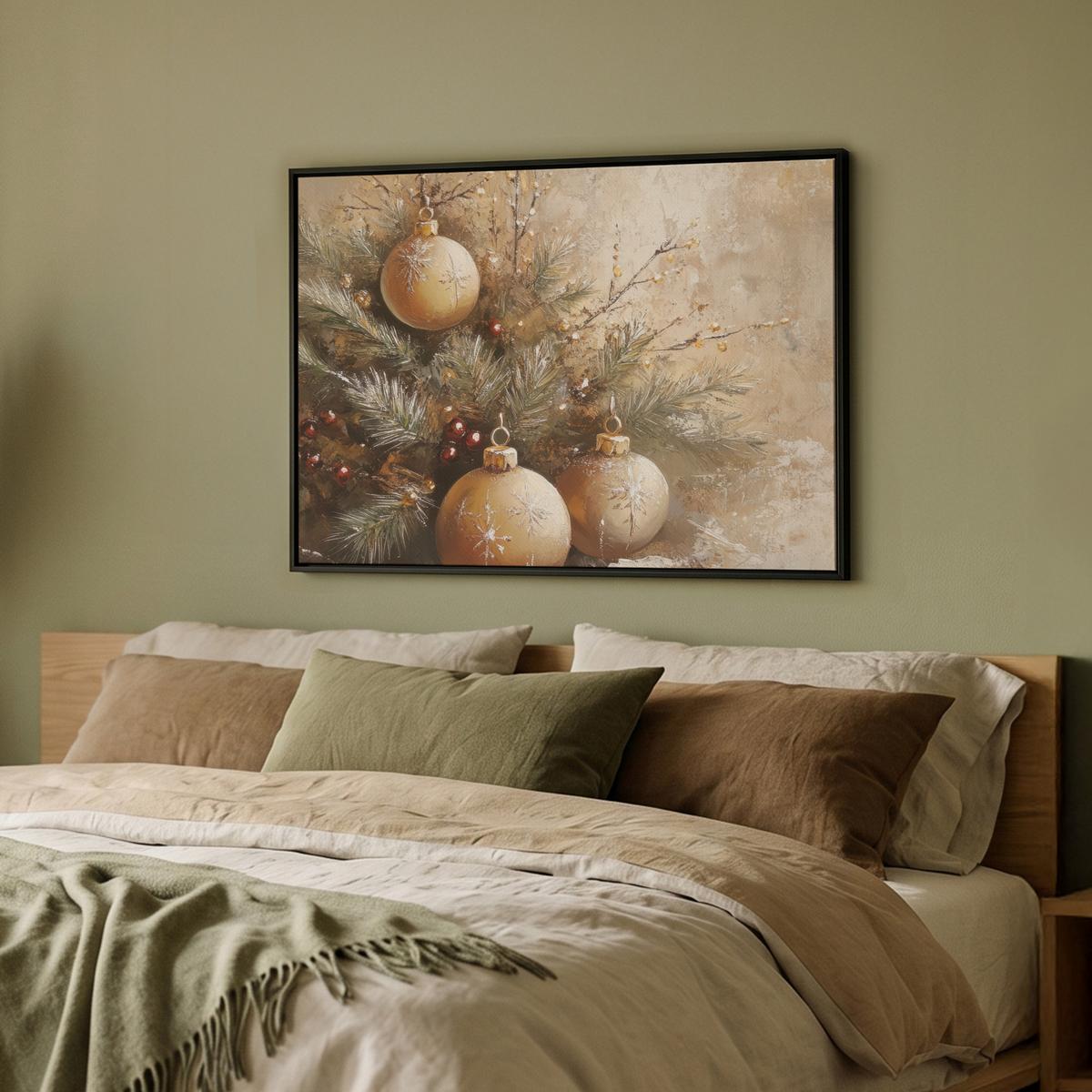 LEINWAND Bilder mit Rahmen - Weihnachten - Kugeln - Beige - Gold - 80x60 - Goldfarben, Textil (80/60cm) - MuchoWow