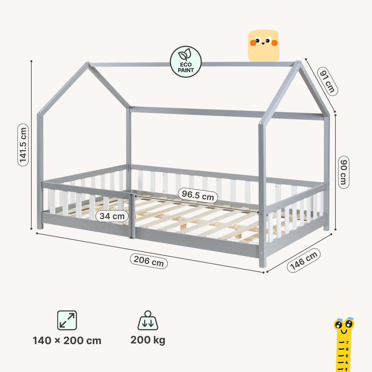 HAUSBETT Hesel - Weiß/Grau, Holz (140/200cm) - [en.casa]