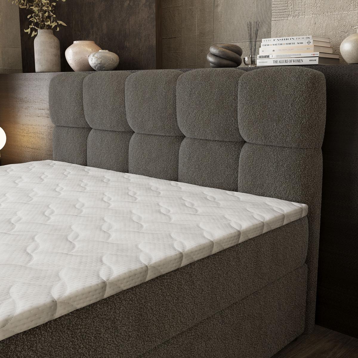 BOXBETT BRUME 160x200 cm mit Matratze und Topper, H2+H3 - Grau - Grau, Holz (160/200cm) - MASSENO