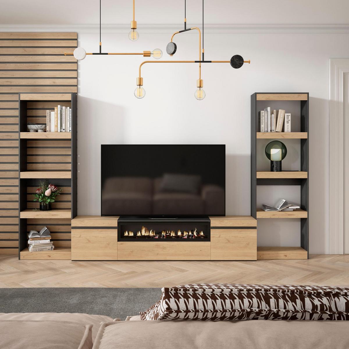 WOHNWAND Elektrokamin, eiche, schwarz, 320/35/186cm - Eichefarben/Beige, Holzwerkstoff (320/186/35cm) - Skraut Home