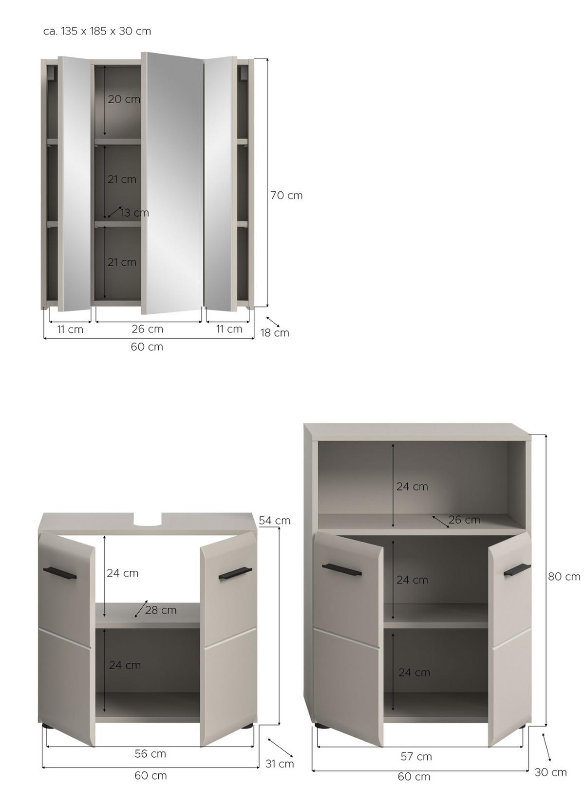 BADMÖBEL-SET Kaschmir 135 cm 3-teilig, Badezimmer Schränke in modernem Design - Kaschmir/Schwarz, Glas/Holzwerkstoff (135/185/30cm) - Inn.Furn