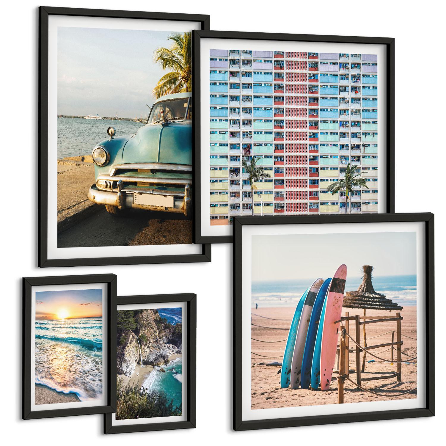 BILDER SET 5er Set - 50x50 cm & 20x30 cm & 40x60 cm Schwarzer Rahmen - Sonnenuntergang in Miami - Schwarz, Kunststoff (40/60cm) - TULUP