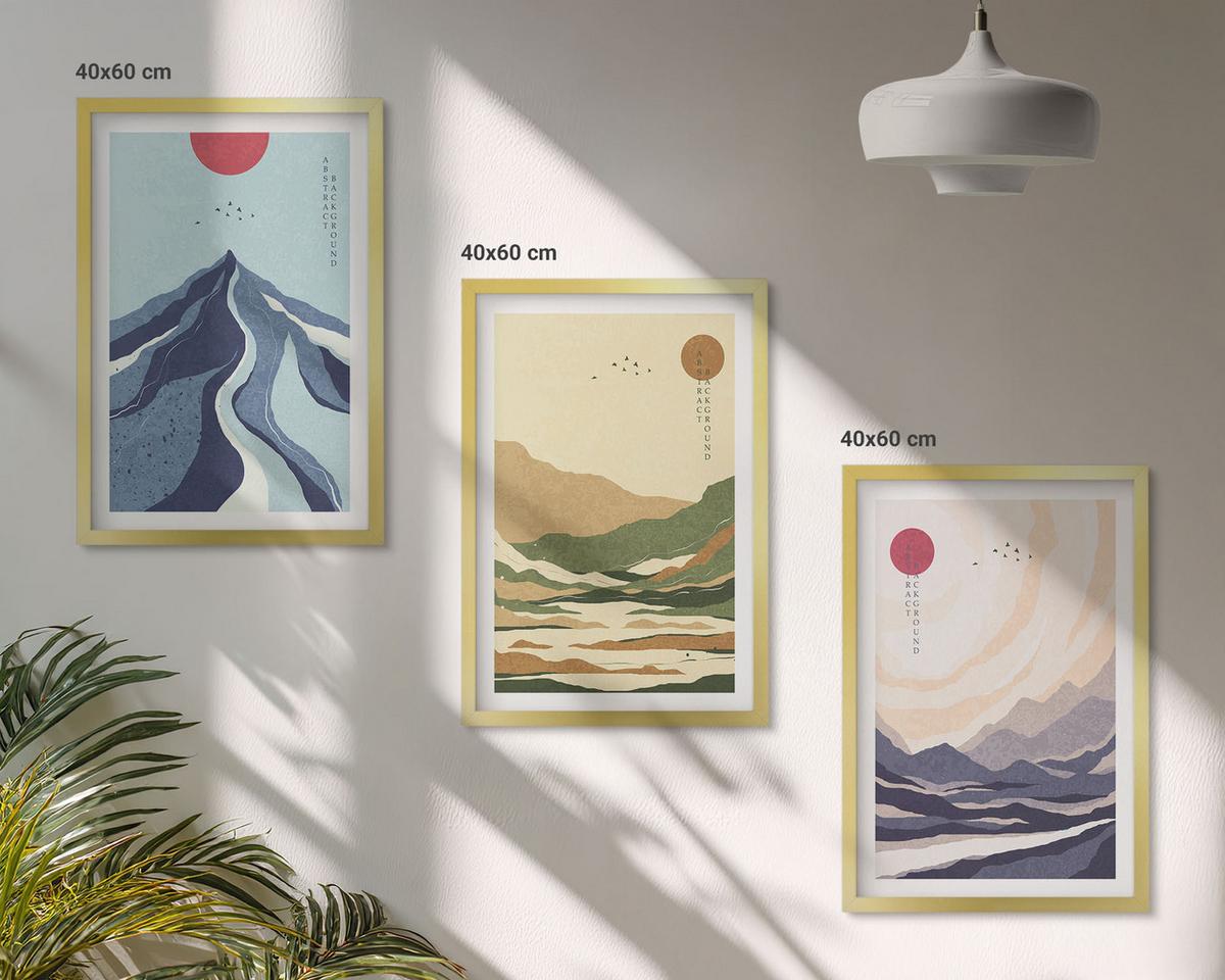 BILDER SET 3er Set - 40x60 cm Goldrahmen - Pastellfarbene Berge im Japandi-Stil - Goldfarben, Kunststoff (40/60cm) - TULUP