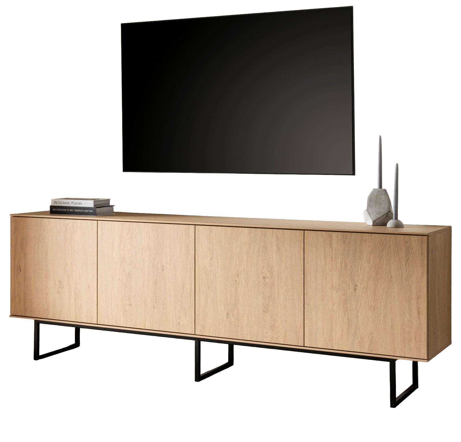 TV-LOWBOARD Eiche 200 x 70 cm, Flat-TV Unterschrank mit Komforthöhe, Push-To-Open-Funktion - Eichefarben/Schwarz, Holzwerkstoff/Metall (200/70/40cm) - Furn.Design