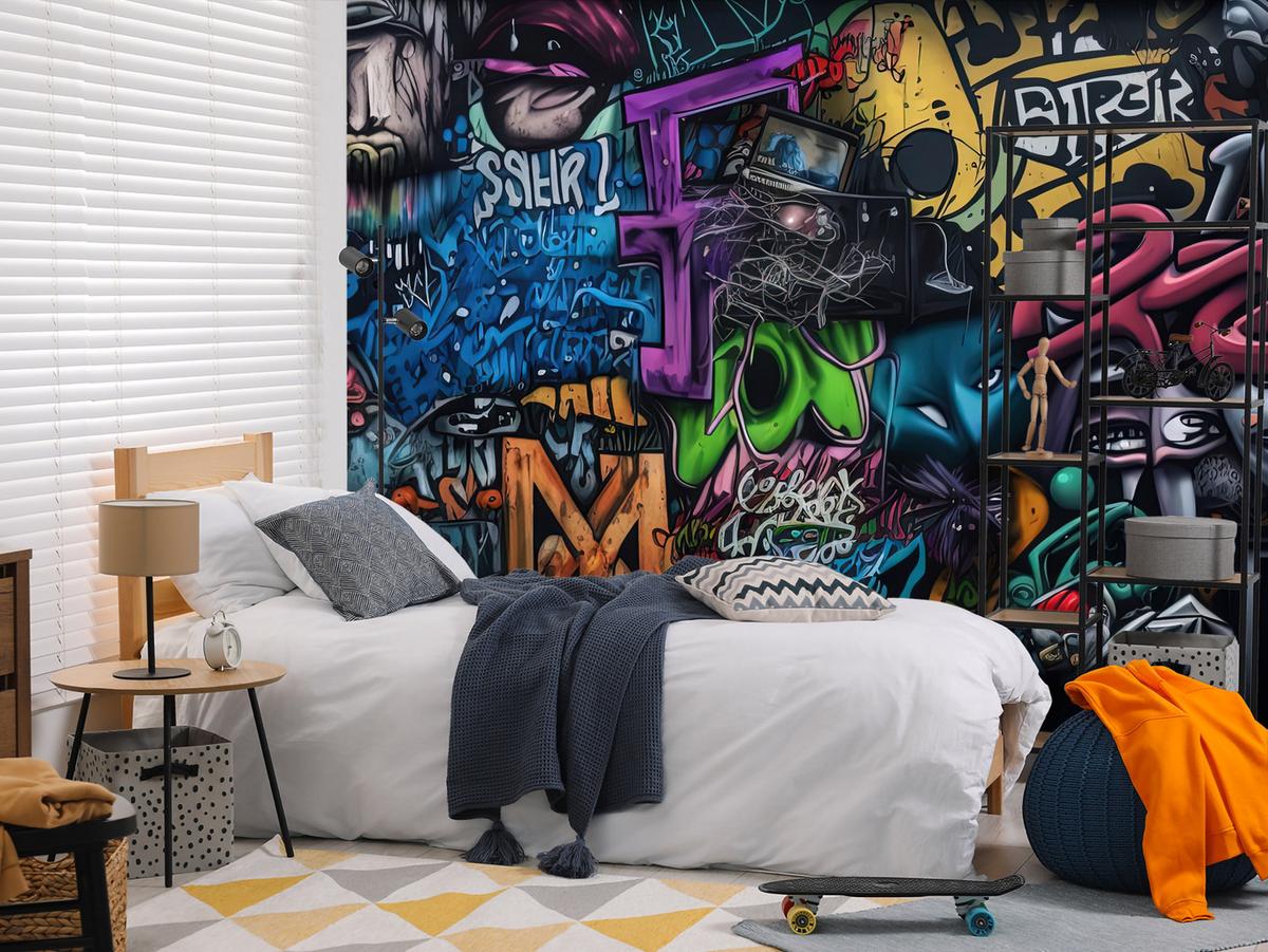 FOTOTAPETE für Jugendzimmer Bunte Graffiti Figura Schrift Abstrakt 500x350 - Blau/Pink, Papier (500/350cm) - Muralo