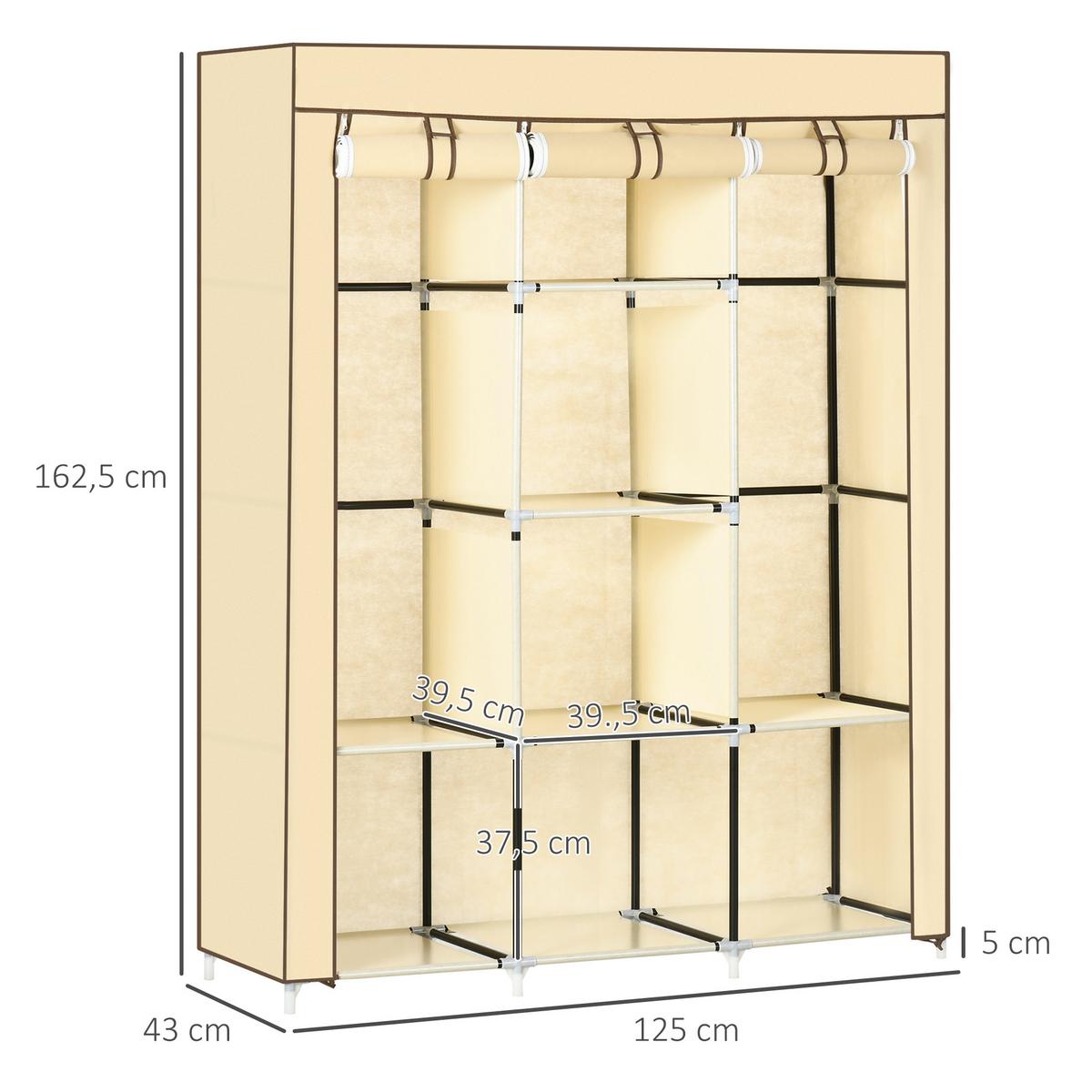 STOFFSCHRANK, Faltschrank, Kleiderschrank mit Kleiderstangen, 8 Ebenen Beige - Beige, Metall (43/162.5/125cm) - HOMCOM