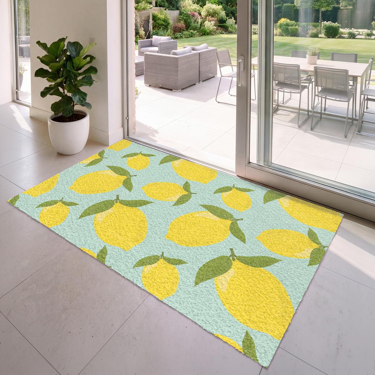 FUSSMATTE Muster Zitronen - Gelb - Blau - Muster - Früchte Flurteppich 180x120 cm - Gelb, Kunststoff (180/0.4cm) - MuchoWow