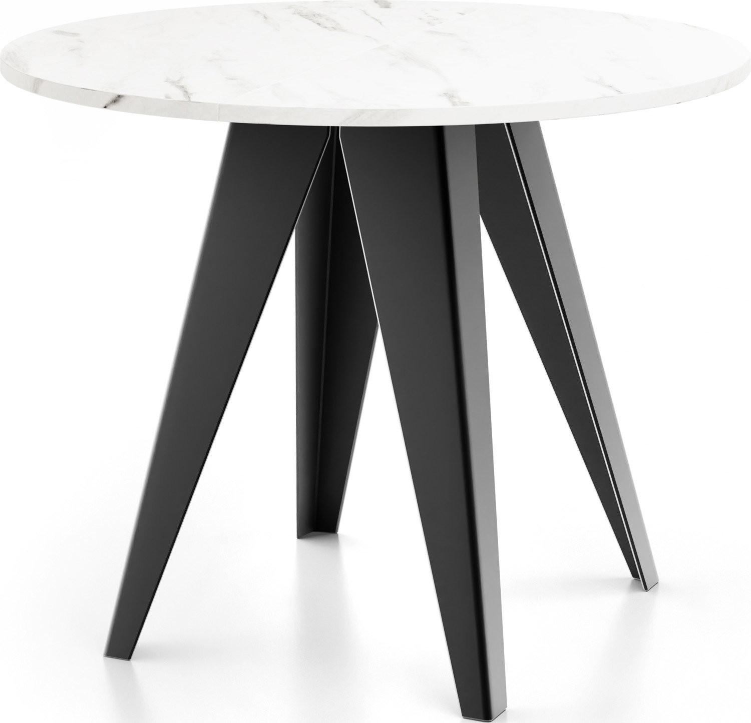ESSTISCH Glory runder ausziehbarer, Marmor Weiß 90-130/100/76 cm - Ecru/Schwarz, Holzwerkstoff/Metall (90/130/76cm) - WFL GROUP