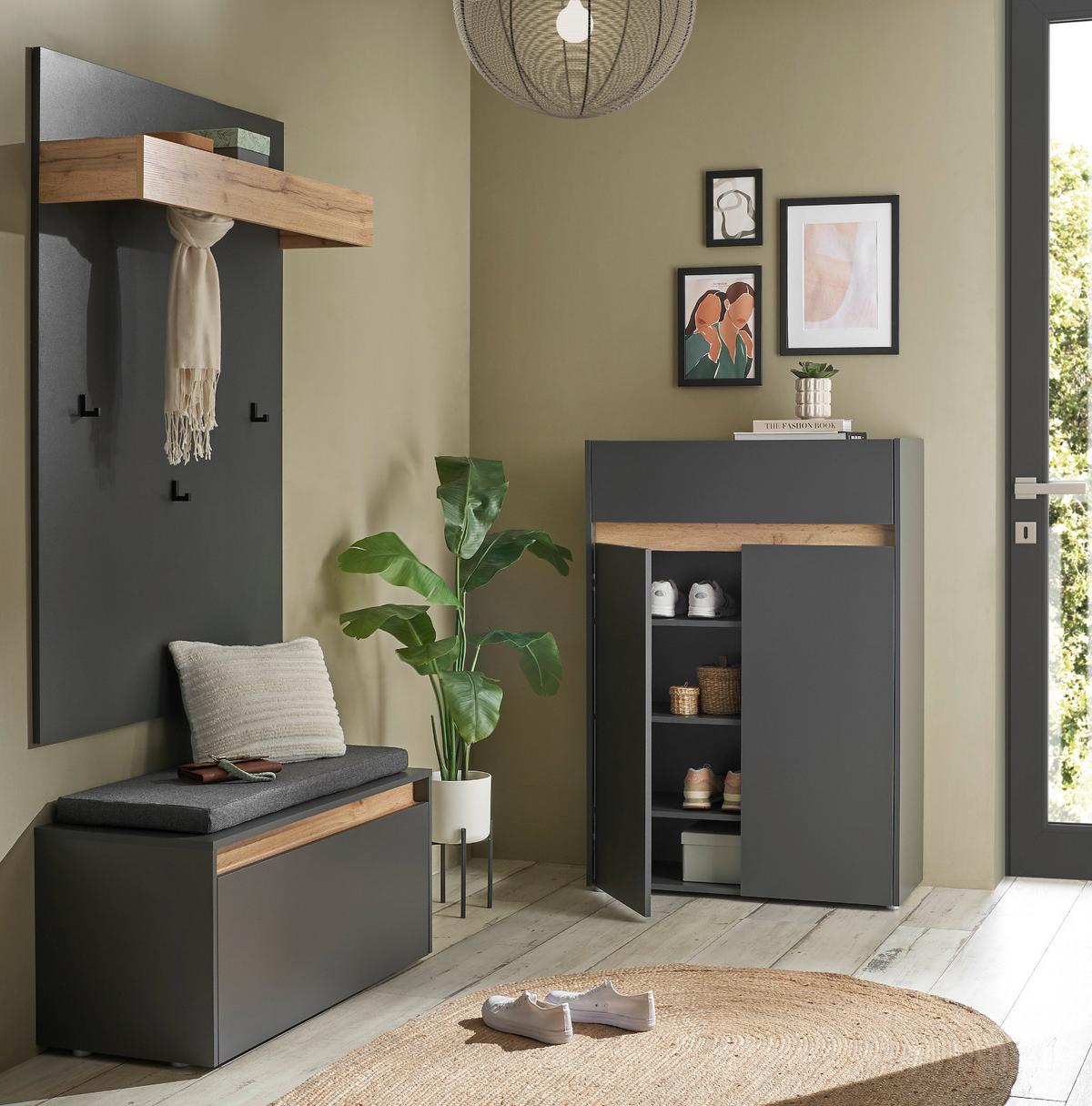 GARDEROBEN-SET grau Eiche Wotan 4-teilig 195 cm, Flurgarderobe inklusive Sitzkissen - Eiche Wotan/Schwarz, Holzwerkstoff/Kunststoff (195/200/40cm) - Furn.Design