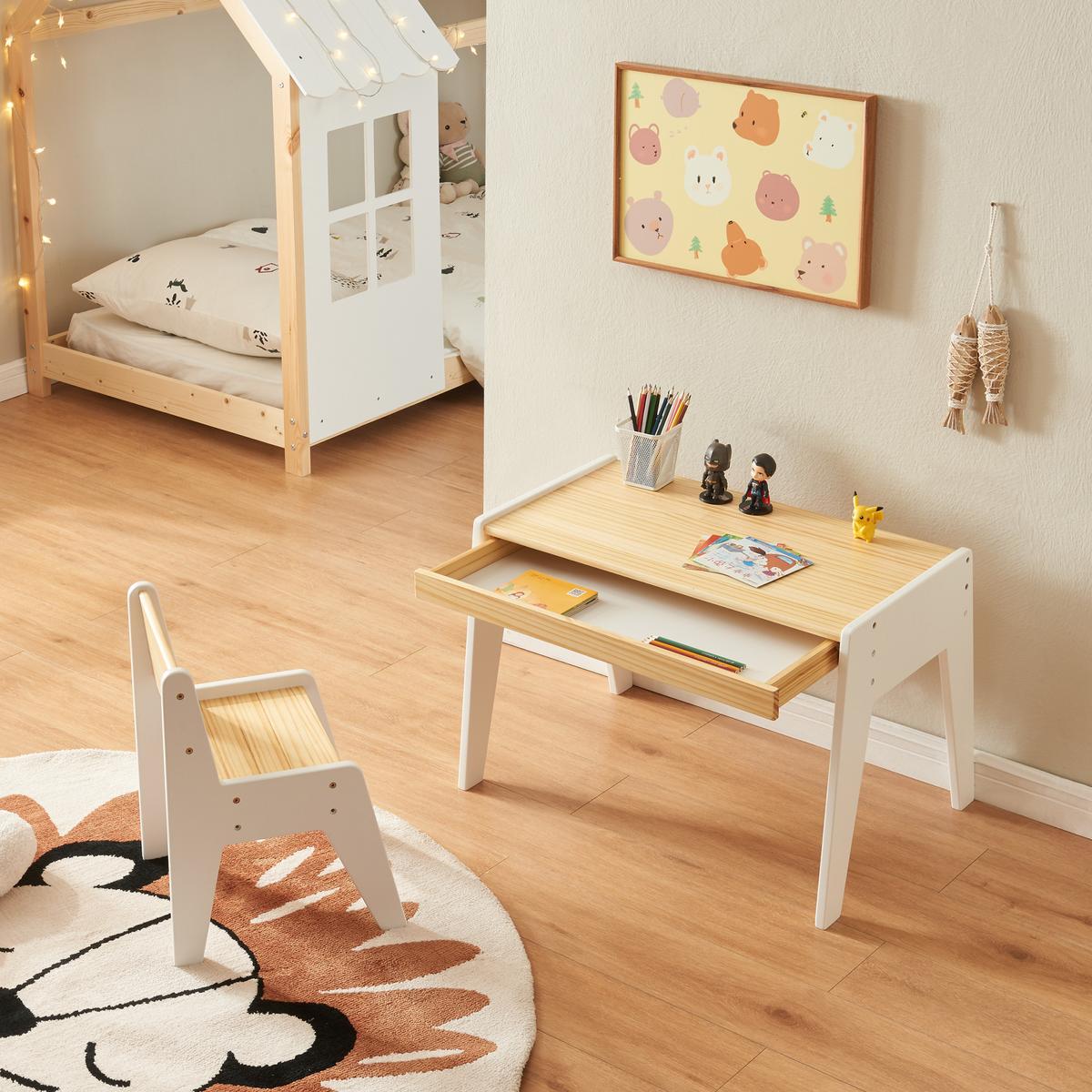 KINDERSCHREIBTISCH-SET 2 TLG. Skinnskatteberg - Naturfarben/Weiß, Holz/Holzwerkstoff (73/48/39.5cm) - [en.casa]