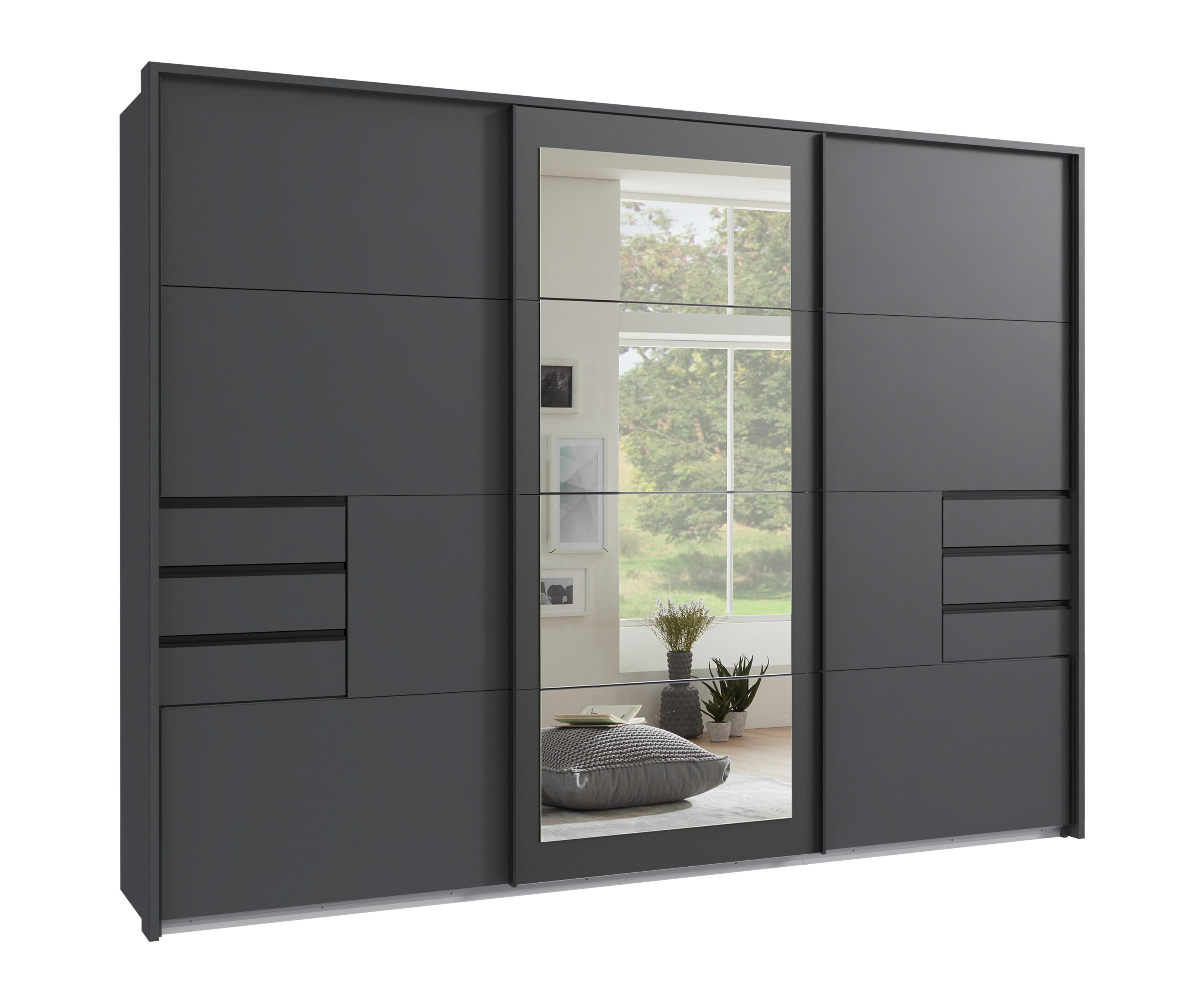 SCHWEBETÜRENSCHRANK 3-türig B273/H213/64 cm in Grafit mit Passepartout & Spiegel & Schubladen, Kleiderschrank inkl. Vollausstattung / 22504 - Blau/Graphitfarben, Holzwerkstoff/Metall (273/213/64cm) - luma-home