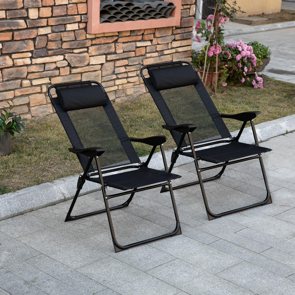 KLAPPSTUHL Campingstuhl 2er-Set, mit verstellbarer Rückenlehne, Stahl Oxford, Schwarz - Schwarz, Metall (70/109/62cm) - Outsunny