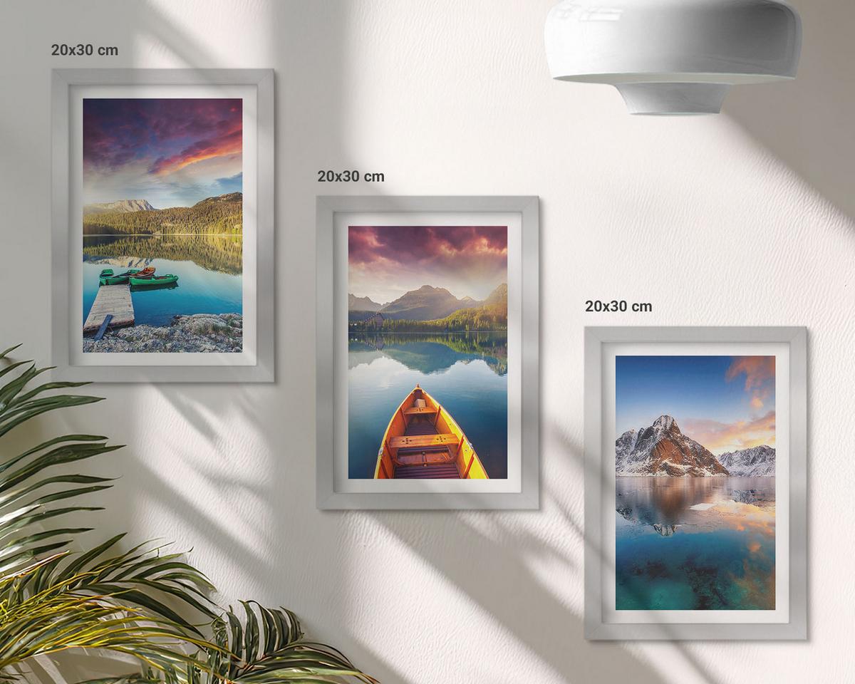 BILDER SET 3er Set - 20x30 cm Silberner Rahmen - Seen, Berge, Boote, Frieden - Silberfarben, Kunststoff (20/30cm) - TULUP