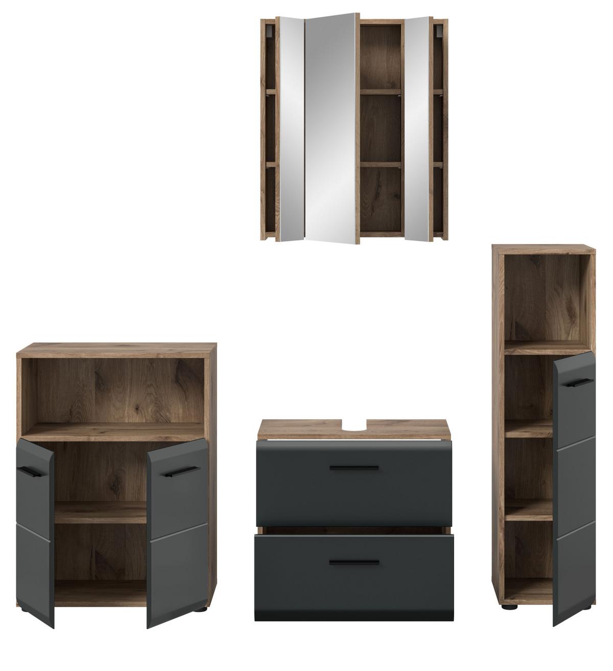 BADMÖBEL-SET 4-teilig schwarz matt, Eiche Nox, Badezimmerschränke Set 180 cm - Eichefarben/Schwarz, Glas/Holzwerkstoff (180/185/30cm) - Inn.Furn