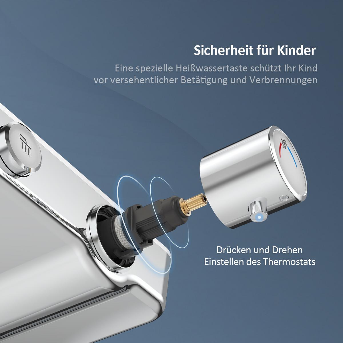 ÜBERKOPFBRAUSESET mit Thermostat, Kopfbrause und 3 Strahlarten Handbrause, Chrom, 114,2/30,3/46 cm - Chromfarben, Metall (30.3/114.2/46cm) - EMKE