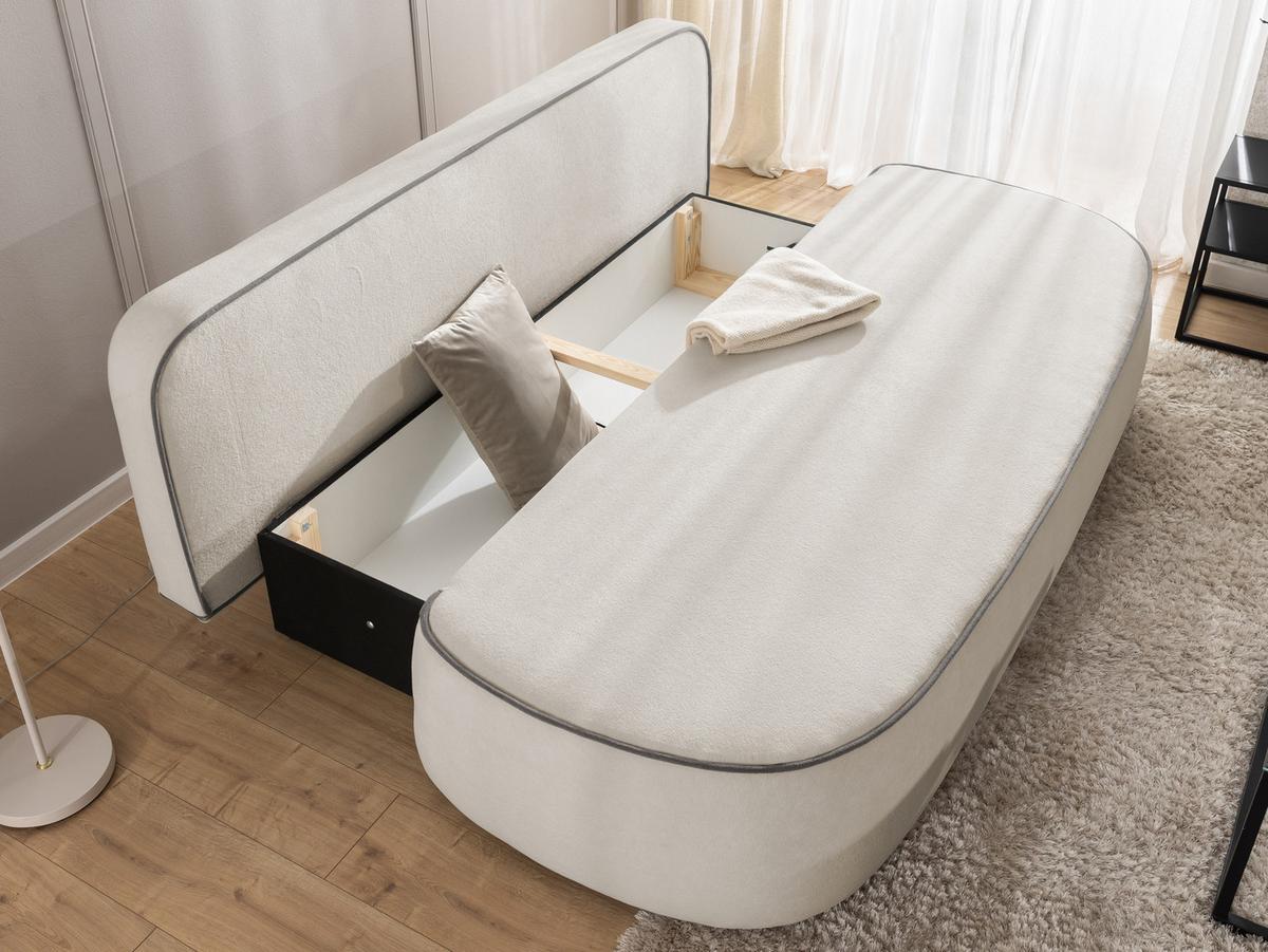 KINDERSOFA Vero im modernen und abgerundeten Design mit Schlaffunktion und Bettkasten aus Helllgrau Plüschstoff mit graphiter Paspel - Hellgrau/Schwarz, Holz/Kunststoff (210/90/98cm) - S-Style Möbel