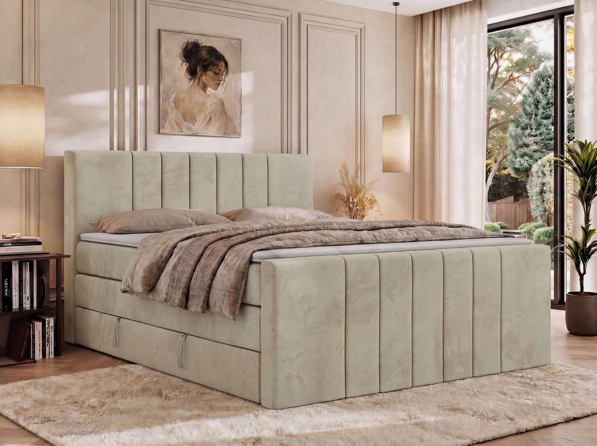 BOXSPRINGBETT INERO DUO KING 200/200 - Beige Velvet - Topper Visco - H3 - Beige/Schwarz, Kunststoff/Textil (200/200cm) - MKS