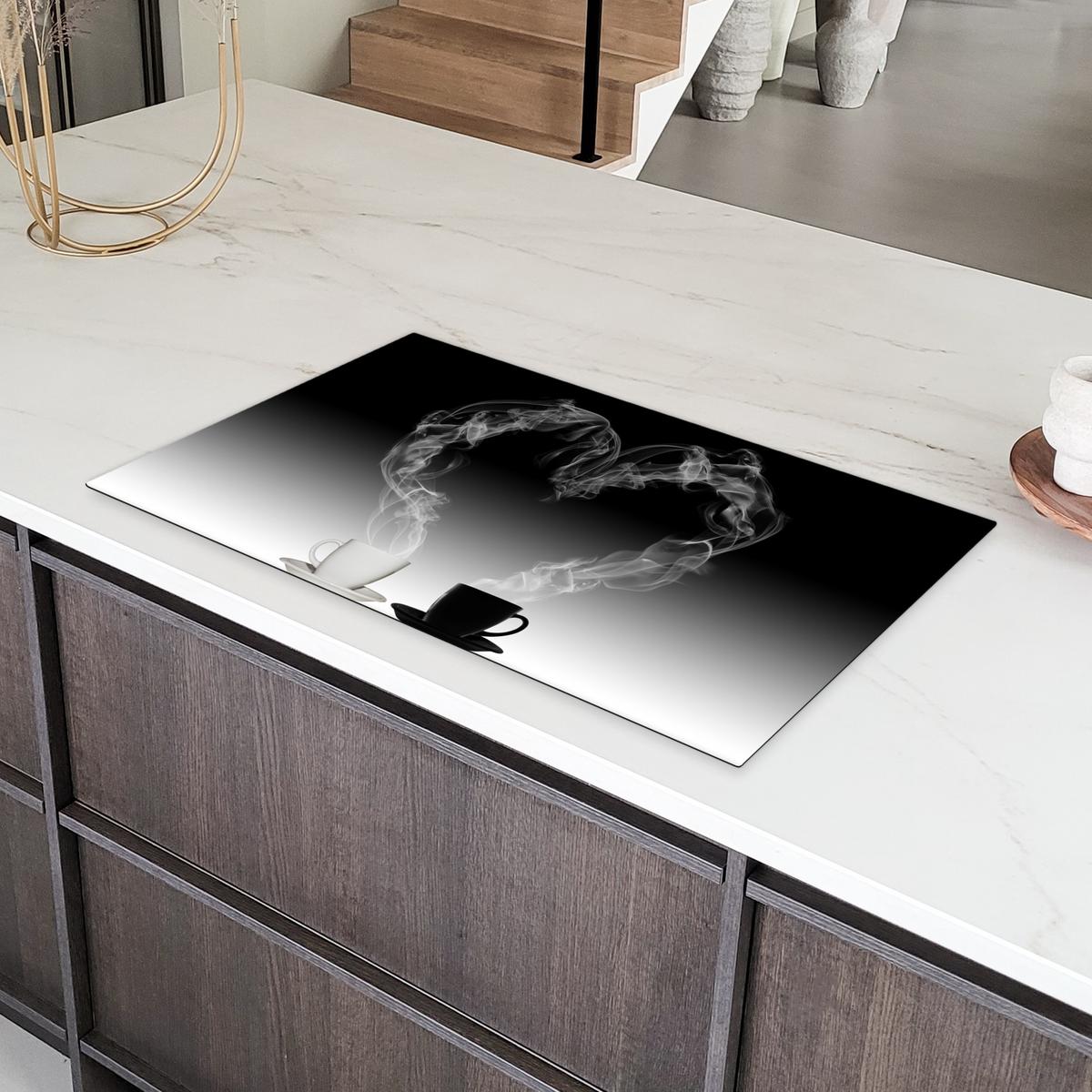 HERDABDECKPLATTE Kaffee - Herz - Schwarz und weiß - Tassen Ceranfeldabdeckung 90x52 cm - Weiß, Kunststoff (90/52/0.2cm) - MuchoWow
