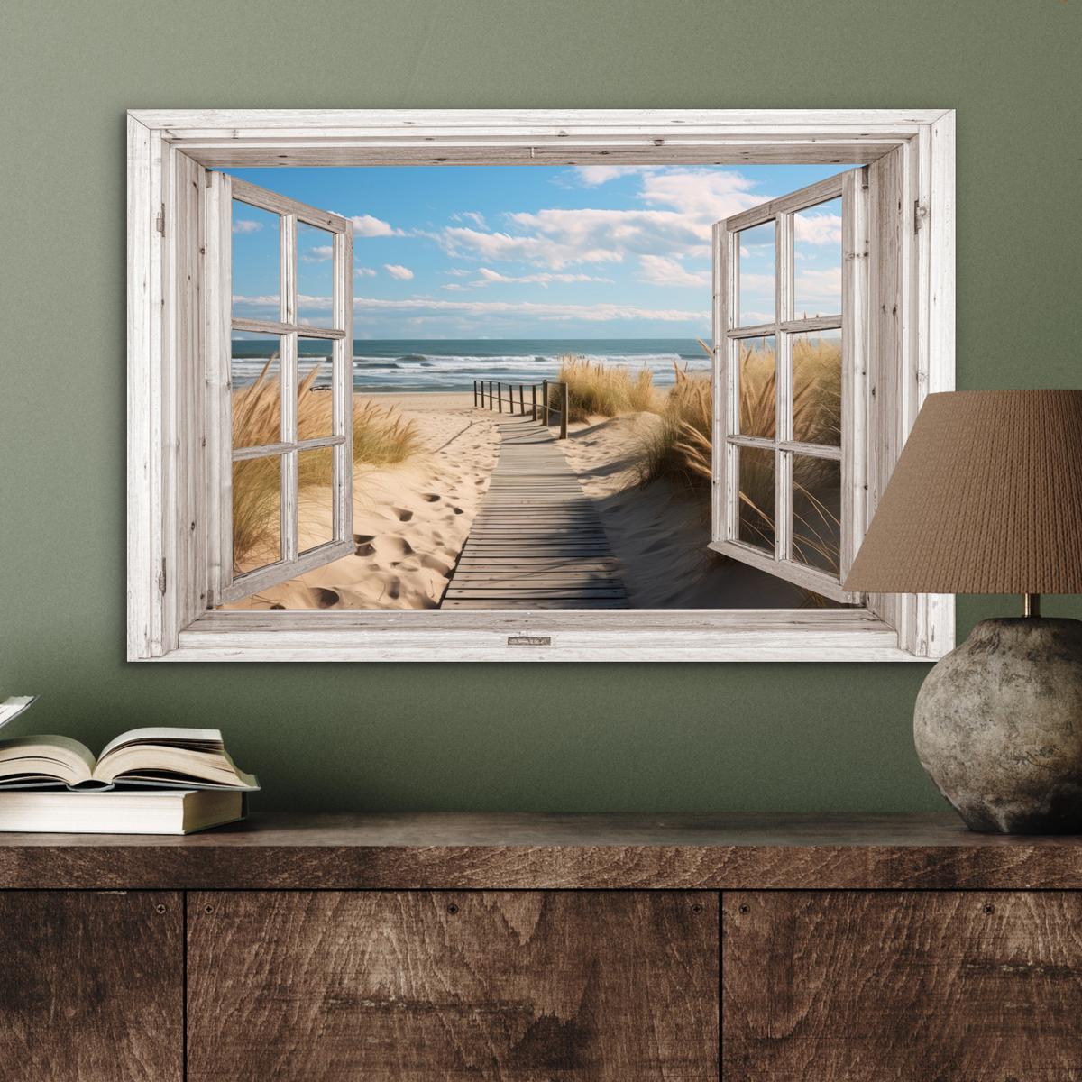 METALLBILD Fenster - Meer - Küste - Natur - Ausblick - Strand - Wattenmeer Wandbild 60x40 cm - Beige, Metall (60/40cm) - MuchoWow