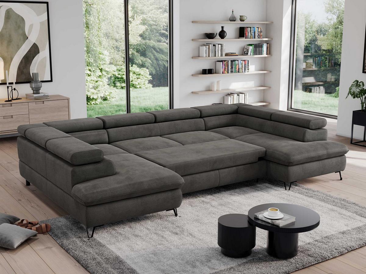 WOHNLANDSCHAFT PEDRO U Velvet Dunkelgrau - Dunkelgrau/Schwarz, Textil/Metall (346/76/208cm) - MKS