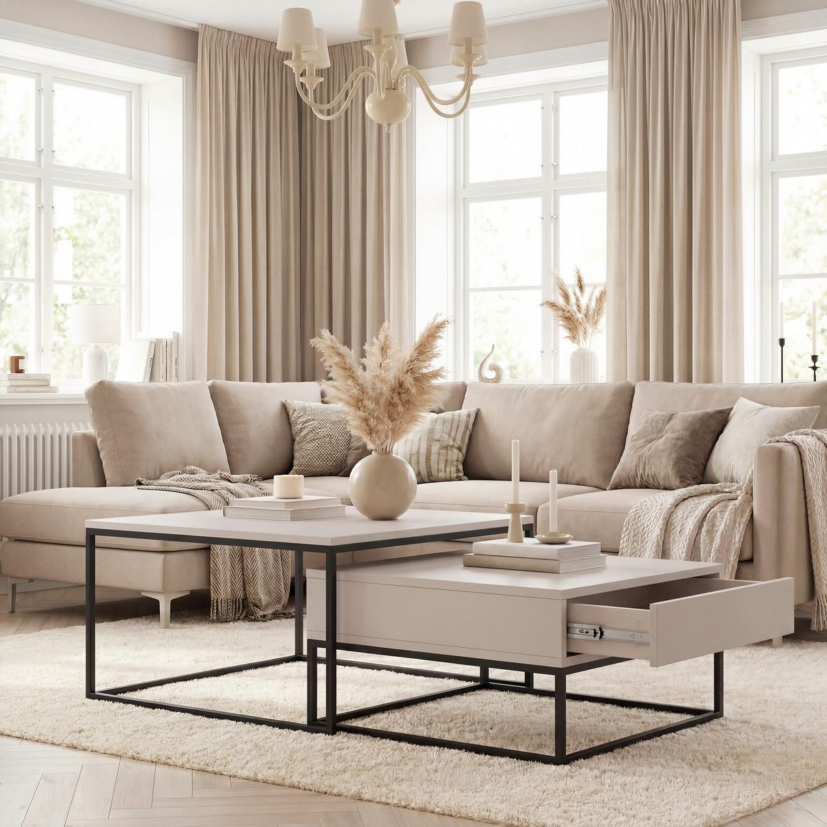 COUCHTISCH-SET ELEGANT 70/60 cm quadratischer, Schwarz / Kaschmir - Kaschmir/Schwarz, Holzwerkstoff/Metall (70/70/42cm) - Idohome