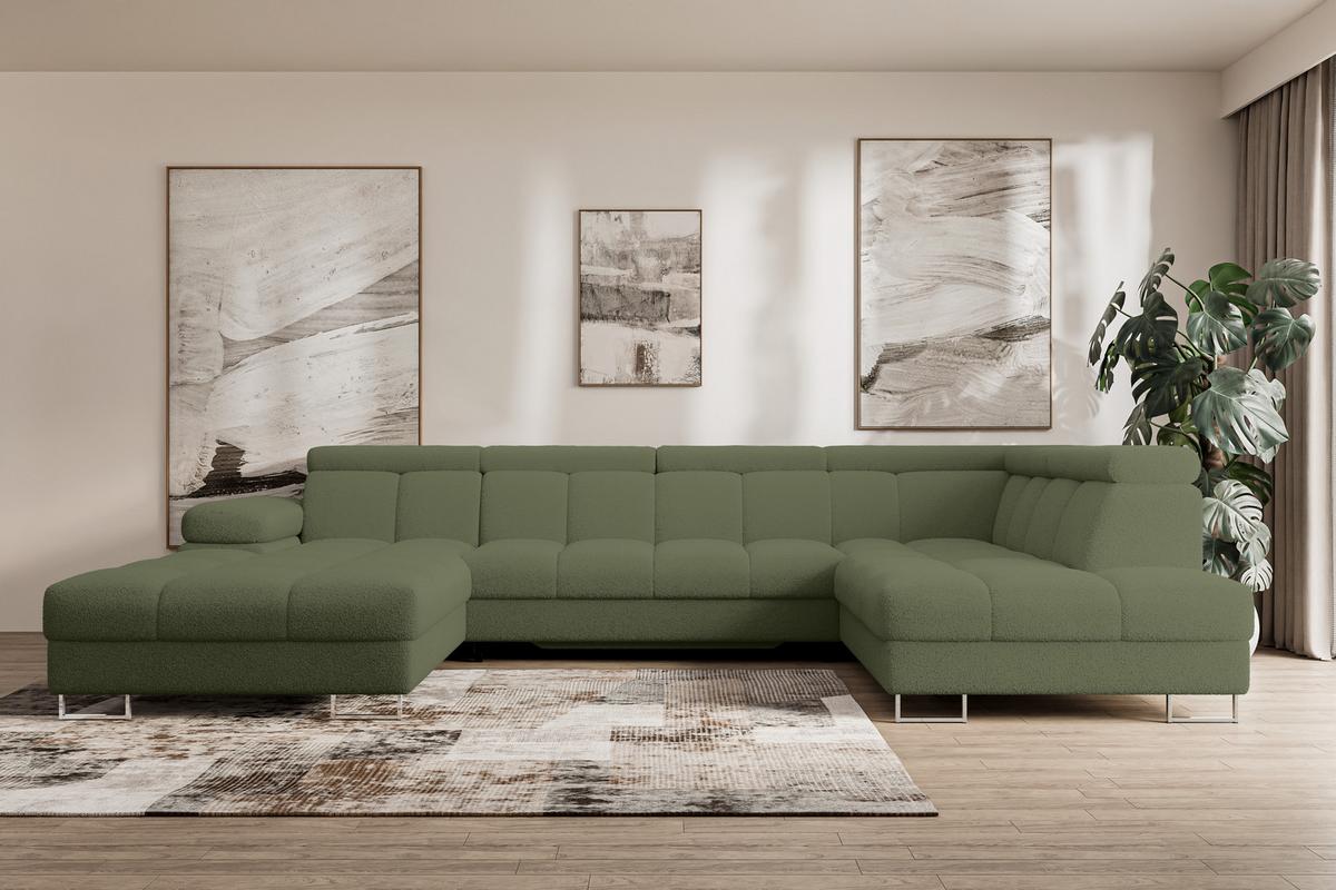 WOHNLANDSCHAFT mit Schlaffunktion und Bettkasten Ottomane RECHTS COMA U 345x203x79 Grün Bouclé - Smaragdgrün, Holzwerkstoff/Textil (203/79/345cm) - ALTDECOR
