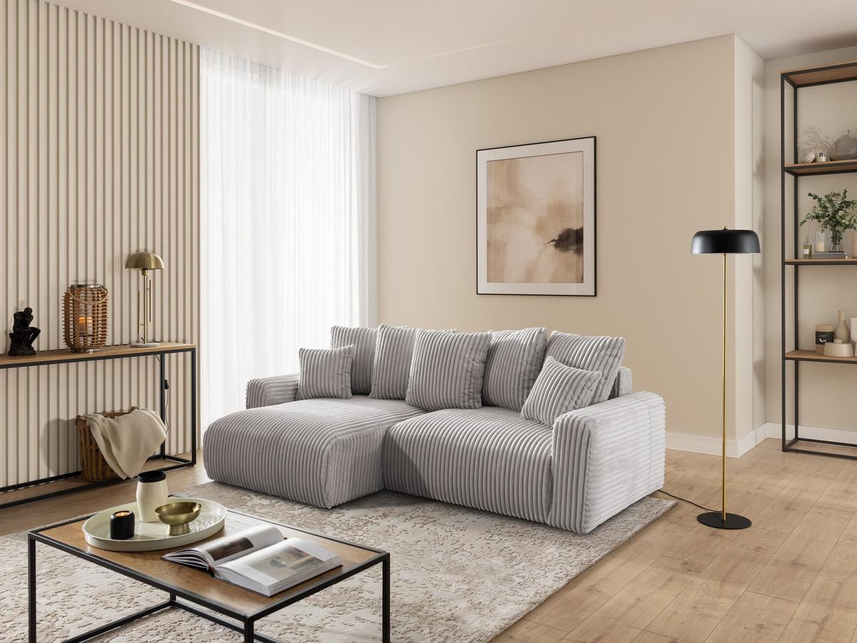 ECKSOFA Calma mit Schlaffunktion und Bettkasten im Bumpy-Design aus weichem Hellgrau Plüschcord - Ottomane links - Hellgrau/Schwarz, Holz/Kunststoff (239/140cm) - S-Style
