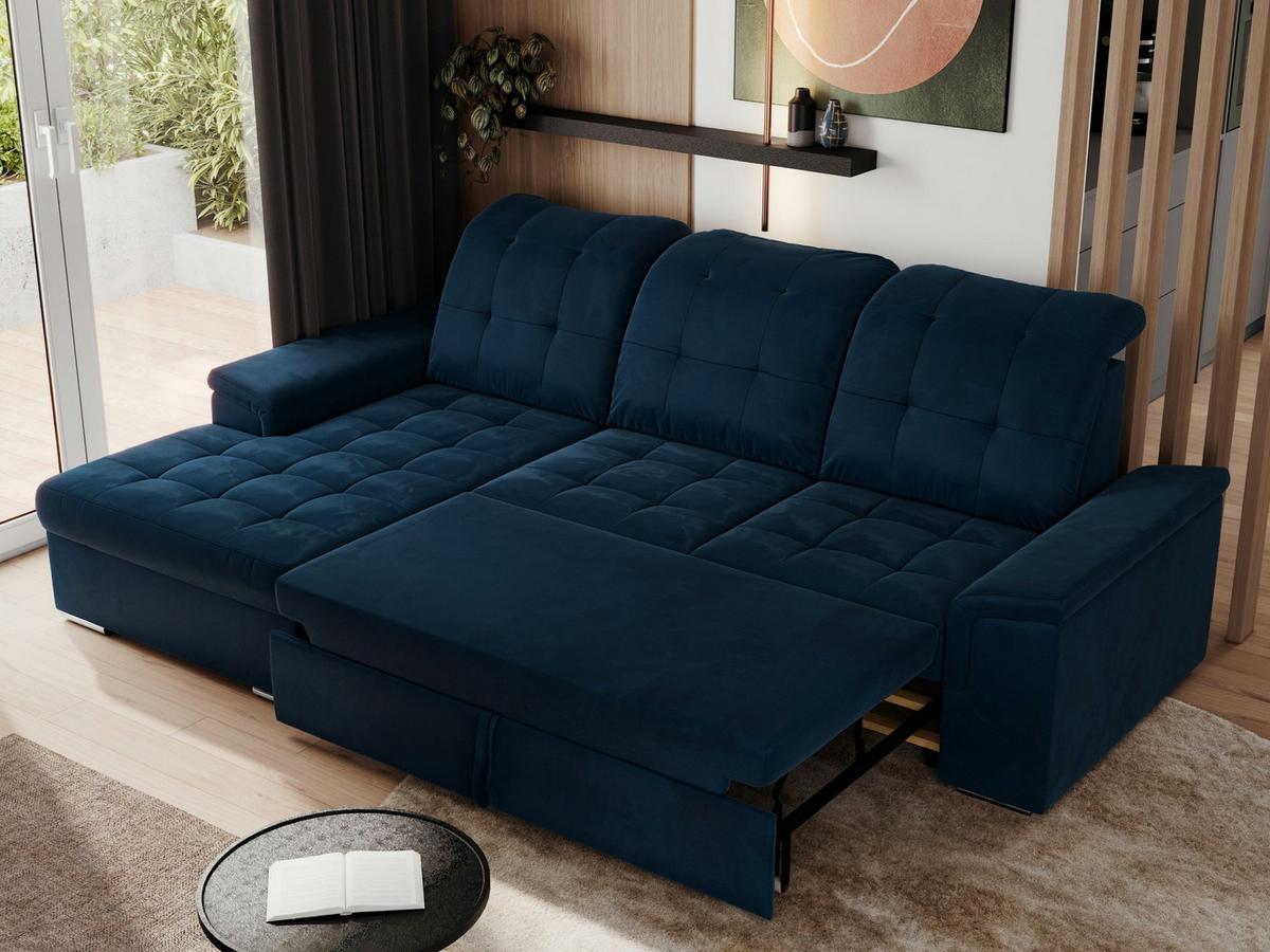 ECKSOFA MADRITO L - Dunkelblau Velorus - Links - Silberfarben/Dunkelblau, Textil/Metall (160/256cm)