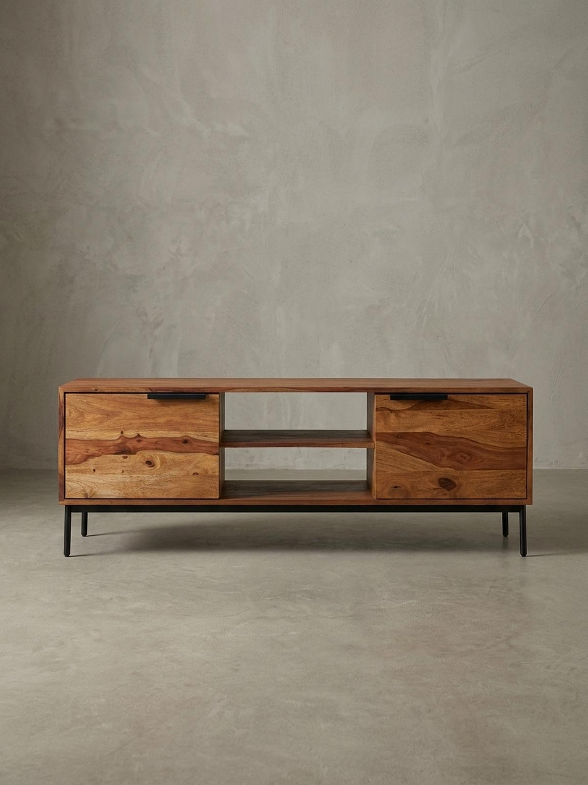 LOWBOARD Massivholz Landhausstil für 60-Zoll Fernseher mit offenen Fächern - Schwarz/Braun, Holz/Metall (147/51/38cm) - KADIMA DESIGN