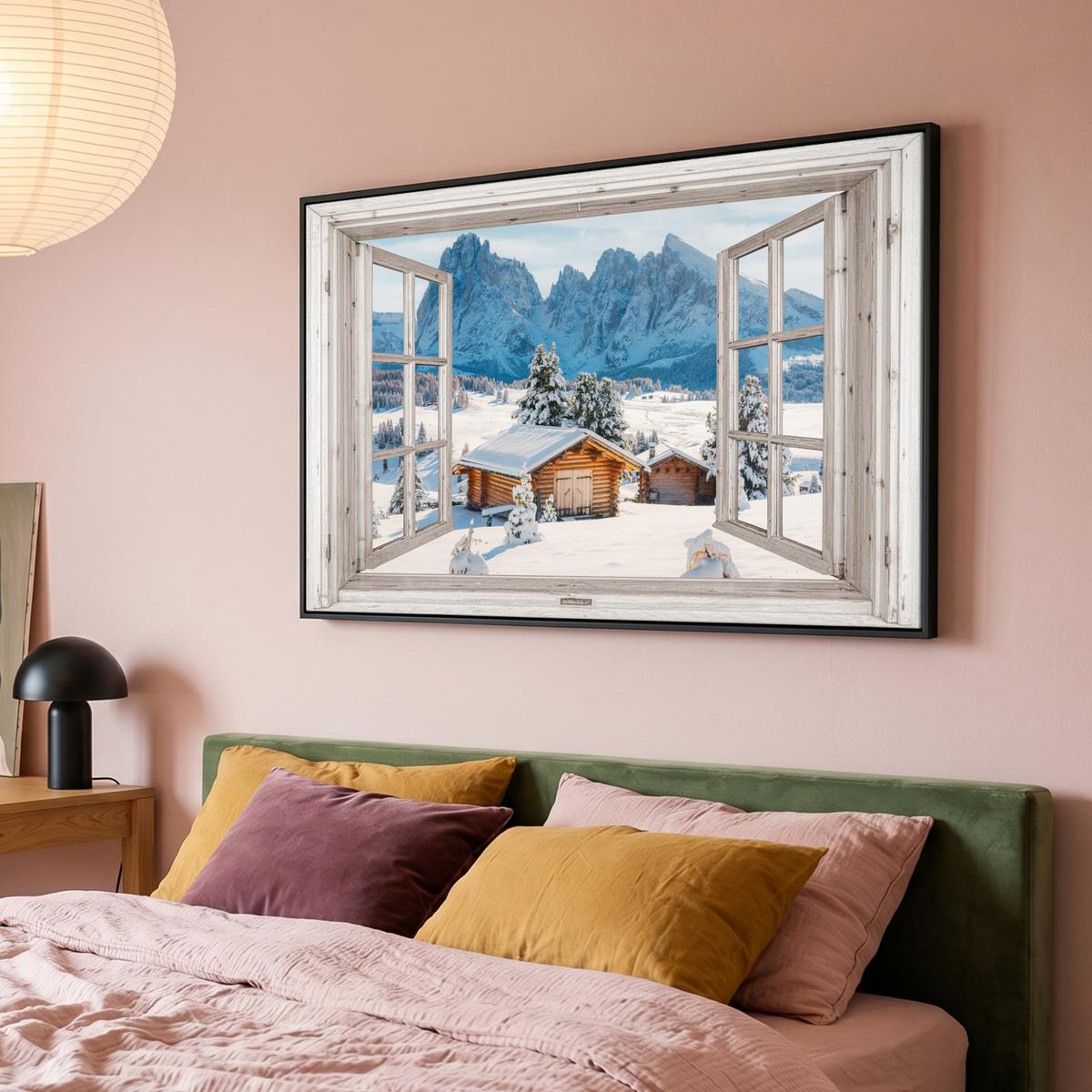 LEINWAND Bilder mit Rahmen - Winterlandschaft - Hütte - Berge - Ausblicke - Aussicht - Natur - 150x100 - Weiß Hochglanz, Textil (150/100cm) - MuchoWow
