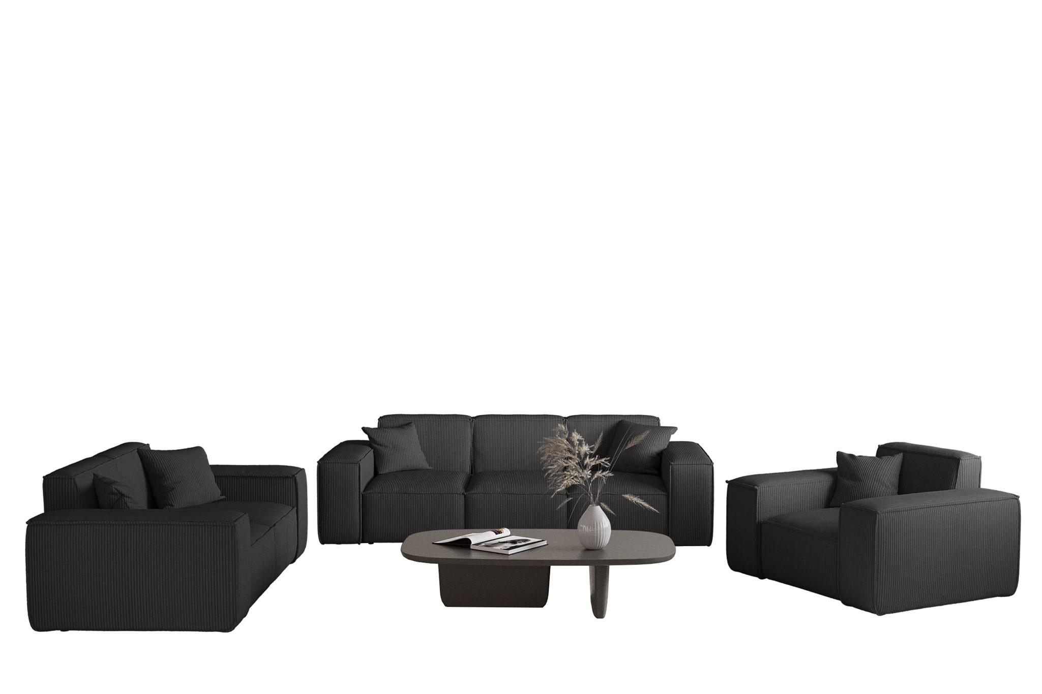 SOFASET Celes Premium 3-2-1 Stoff Scala - Schwarz, Holzwerkstoff/Textil (225/73/88cm) - Fun Möbel