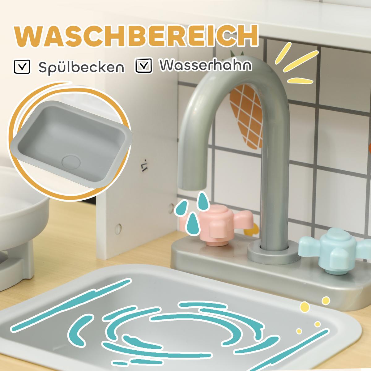 KINDERKÜCHE, Spielküche mit Lichtern, Geräuschen, Kaffeemaschine, Weiß - Weiß, Holzwerkstoff (88.6/31.7/90.4cm) - AIYAPLAY