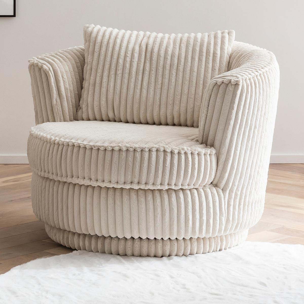BIG-SESSEL Mega Cord creme wollweiß Ø 95 cm 360° drehbar, inklusive Kissen - Creme/Weiß, Holz/Holzwerkstoff (95/77/95cm) - Furn.Design