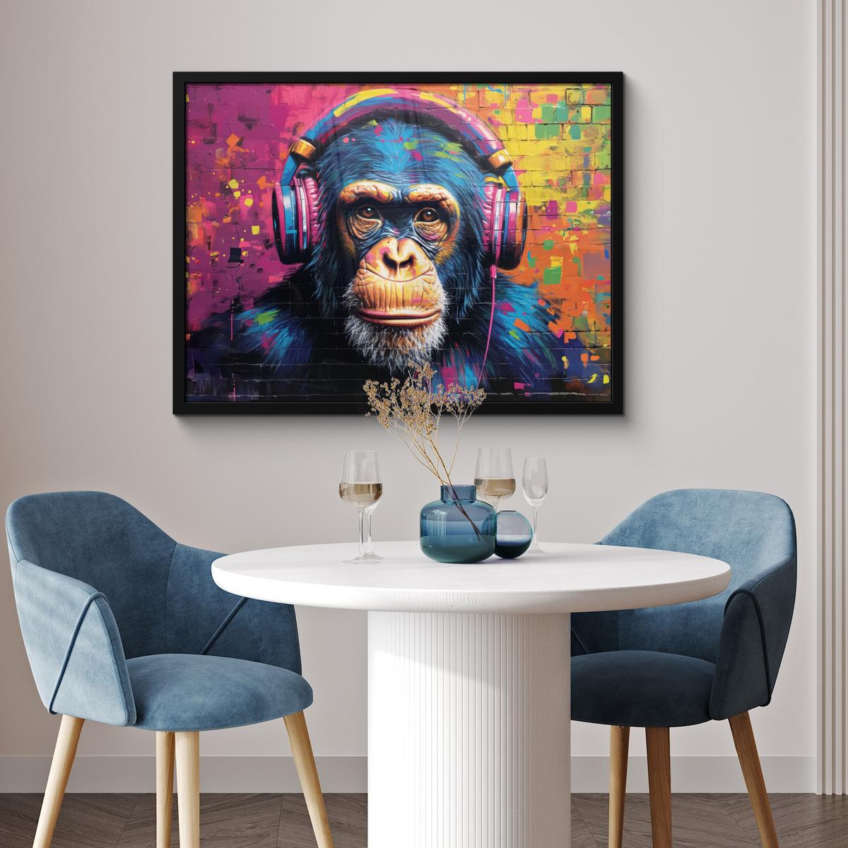 POSTER MIT RAHMENGERAHMTES BILD Graffiti - Schimpanse - Straßenkunst - Kopfhörer - Affe 80x60 cm - Blau, Papier (80/60cm) - MuchoWow