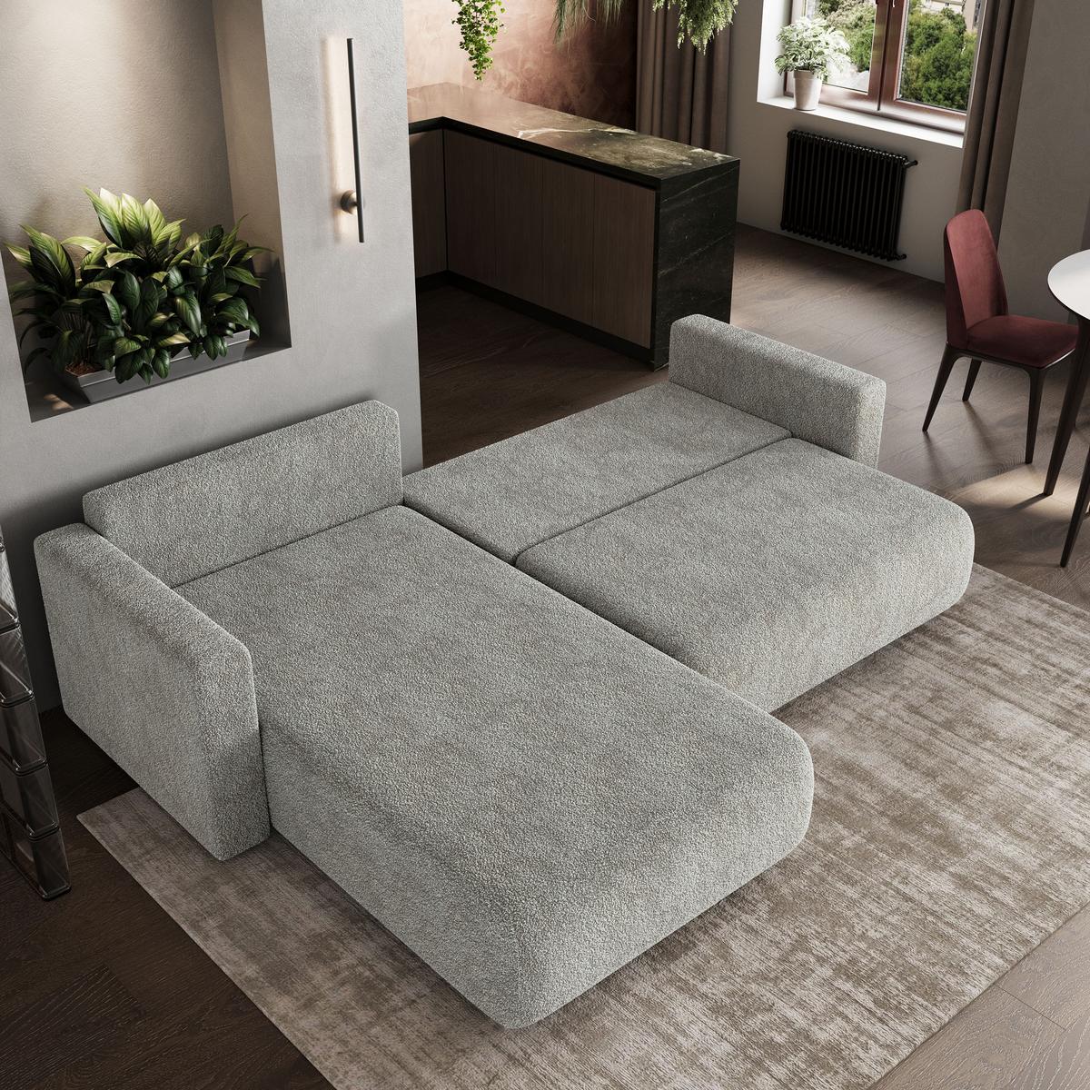 ECKSOFA TURIN N Hellgrau Bucle-Stoff mit Schlaffunktion - Hellgrau/Grau, Holz/Kunststoff (265/183cm) - MASSENO