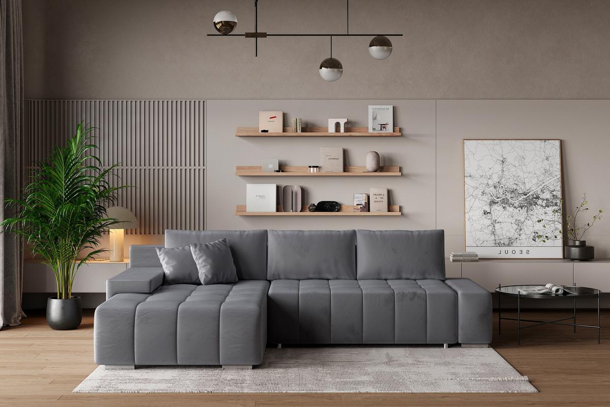 ECKSOFA ALESE L-S Grau Velours-Stoff mit Schlaffunktion - Silberfarben/Grau, Holz/Textil (265/185cm) - MASSENO