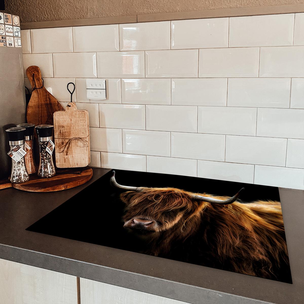 HERDABDECKPLATTE Schottischer Highlander - Hörner - Schwarz - Tiere - Natur - Wild - Kuh Herdabdeckung Induktionsfeld 70x52 cm - Cognac, Kunststoff (70/52/0.2cm) - MuchoWow