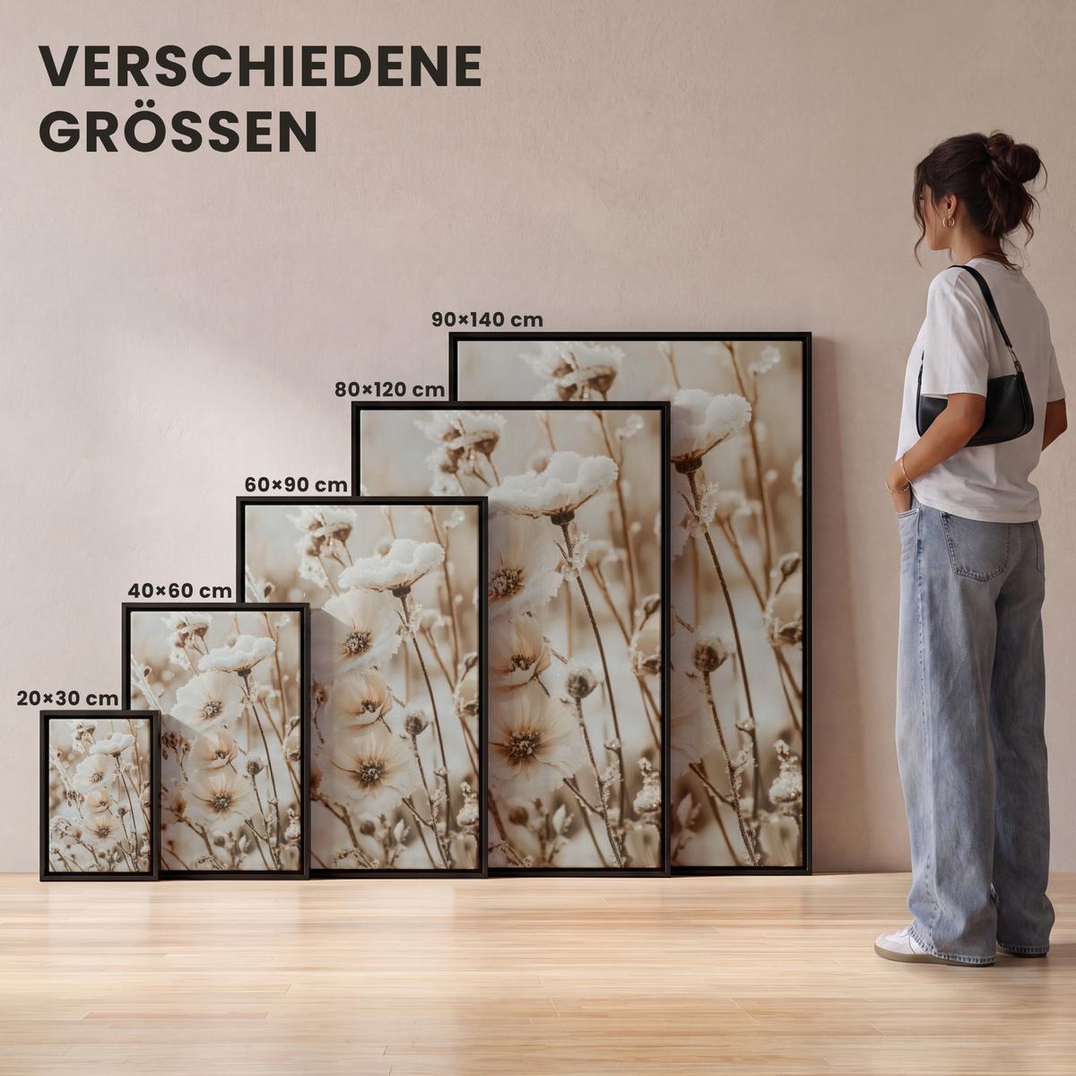 LEINWAND Bilder mit Rahmen - Blumen - Winter - Weiß - Schnee - Beige - 100x150 - Creme, Textil (100/150cm) - MuchoWow