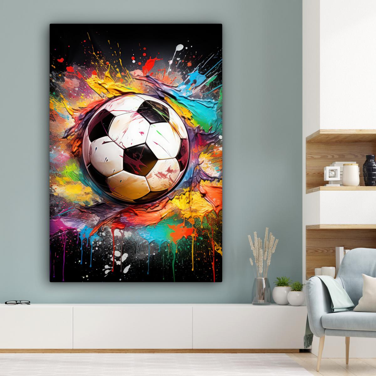 LEINWANDBILD Fußball - Farbe - Farben - Schwarz - Weiß Deko Groß 90x140 cm - Weiß, Textil (90/140cm) - MuchoWow