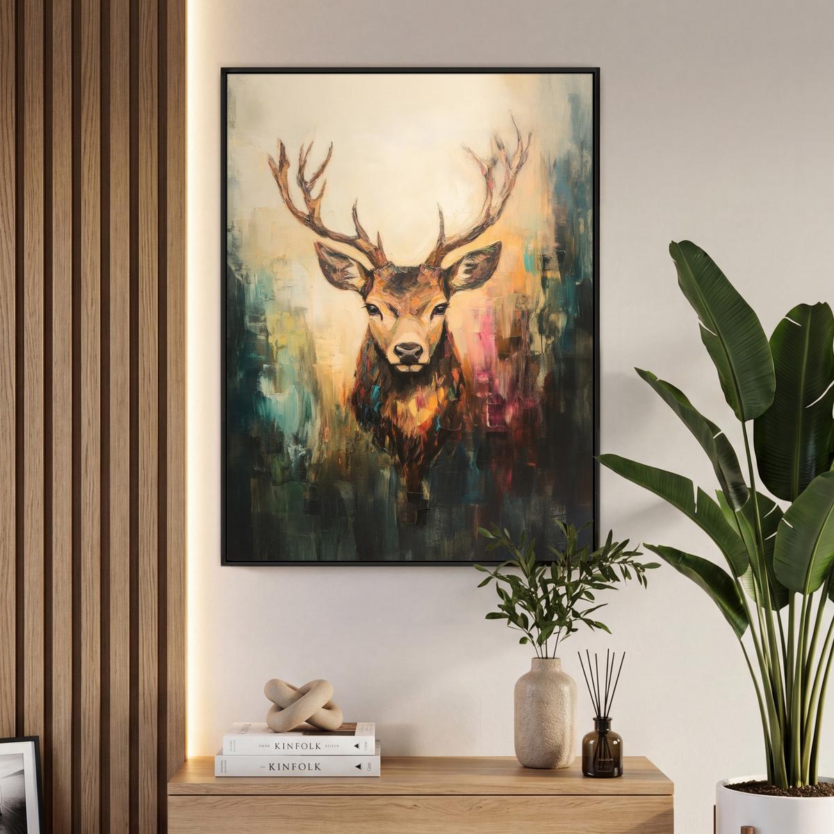 LEINWAND Bilder mit Rahmen - Hirsch - Gemalt - Geweih - Braun - 70x100 - Haselnussfarben, Textil (70/100cm) - MuchoWow