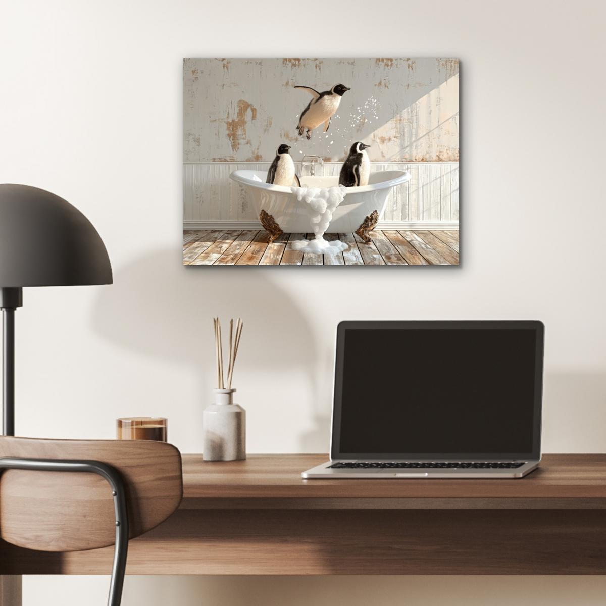 METALLBILD Vintage - Pinguin - Badewanne - Schaumstoff 40x30 cm - Schwarz, Metall (40/30cm) - MuchoWow