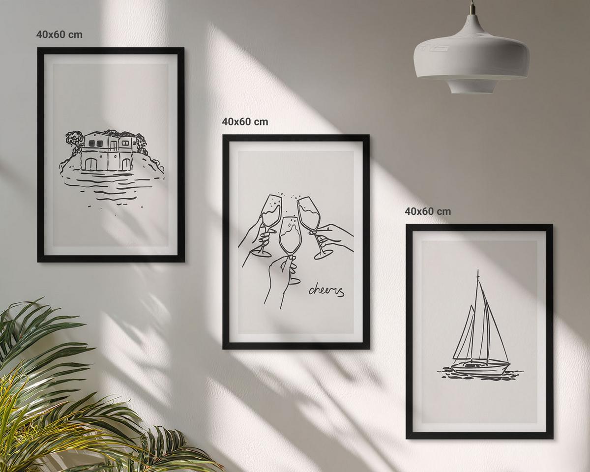BILDER SET 3er Set - 40x60 cm Schwarzer Rahmen - Haus am Wasser, Segelboot-Toast - Schwarz, Kunststoff (40/60cm) - TULUP
