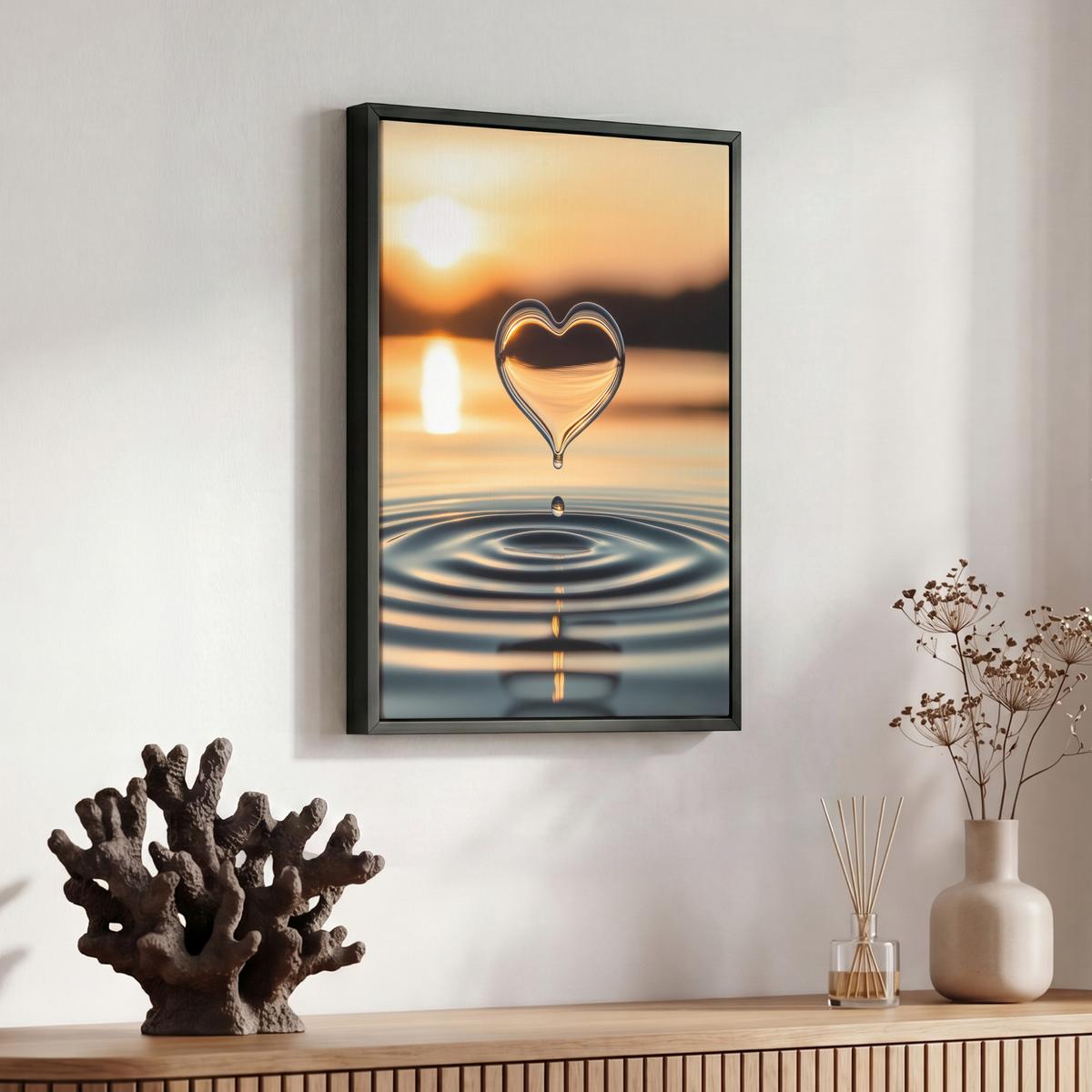 LEINWAND Bilder mit Rahmen - Herz - Wasser - Sonnenuntergang - Natur - Zen - 30x40 - Bernsteinfarben, Textil (30/40cm) - MuchoWow