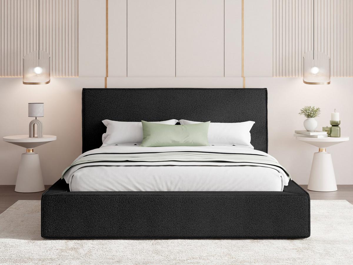 POLSTERBETT Merlin mit Bettkasten, Metall-Lattenrost & hohem Kopfteil in Schwarz Boucle 180x200 cm - Birkefarben/Schwarz, Kunststoff/Textil (180/200cm) - WFL GROUP