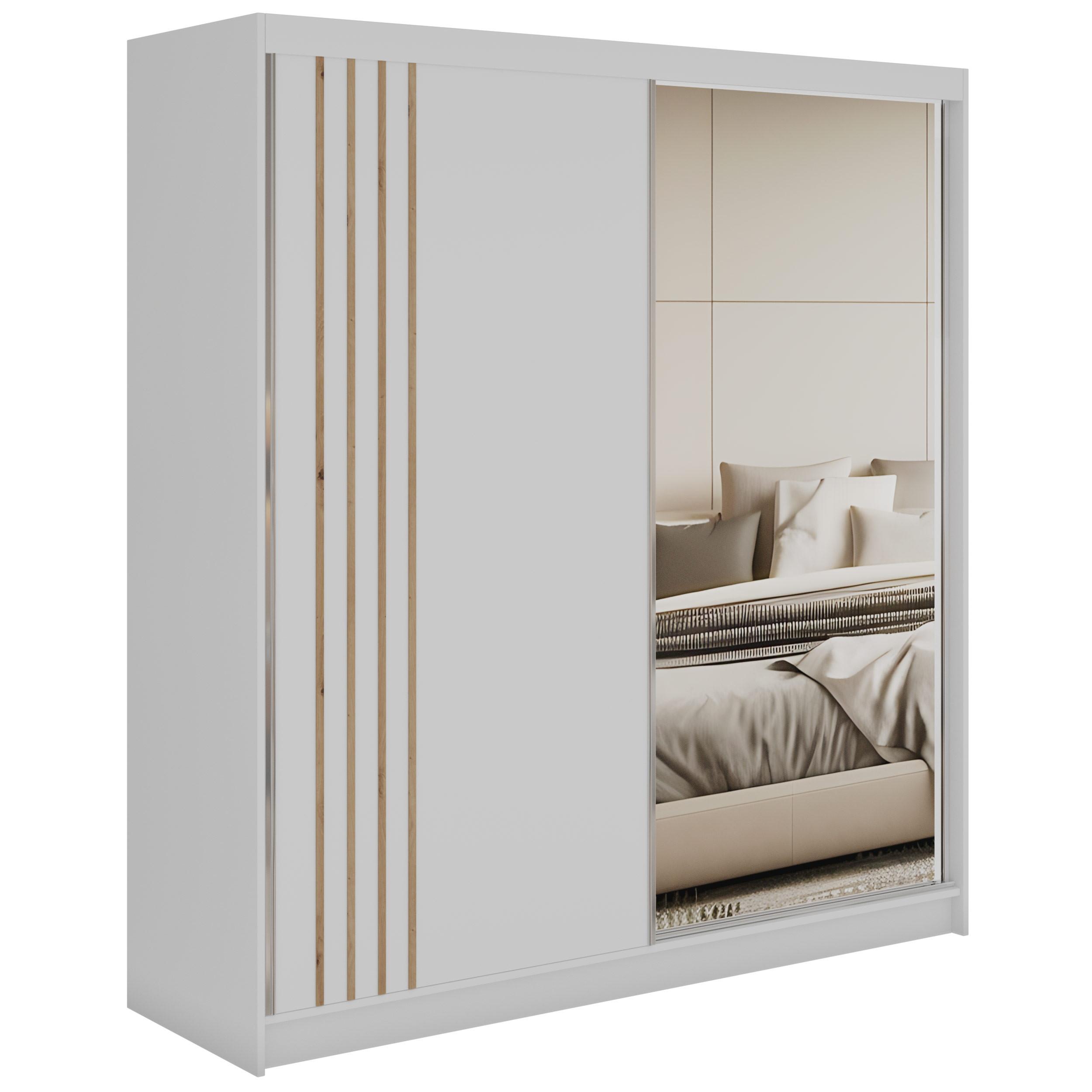 SCHWEBETÜRENSCHRANK mit Lamellen, Spiegel und Schubladen DIANA - 200 - Weiß und Eiche Artisan - Alufarben/Weiß, Holzwerkstoff/Metall (200/216/61cm) - MKS