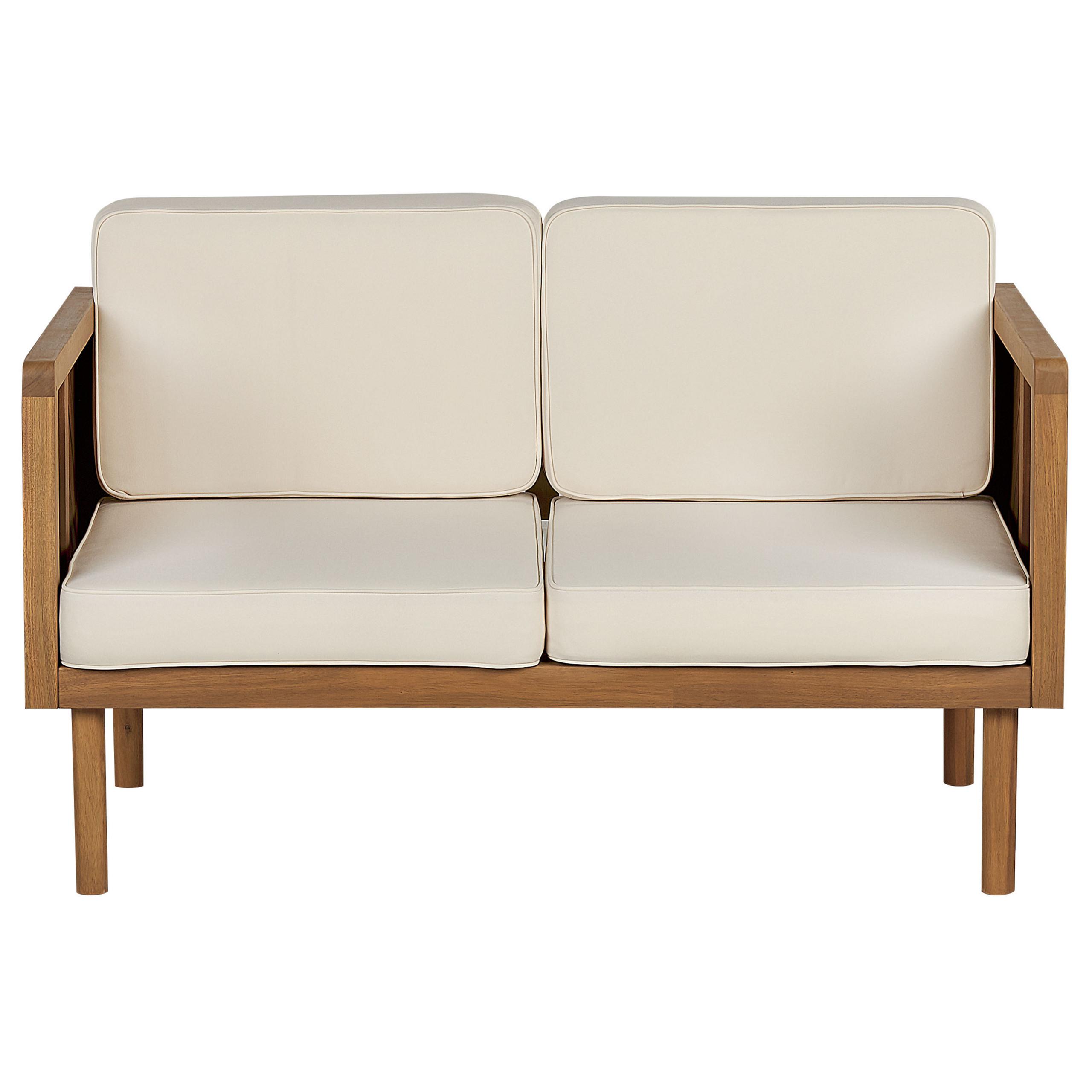 GARTENSOFA 2-Sitzer Akazienholz hellbraun Auflagen creme Baratti - Hellbraun/Weiß, Holz (122/76/65cm) - Beliani