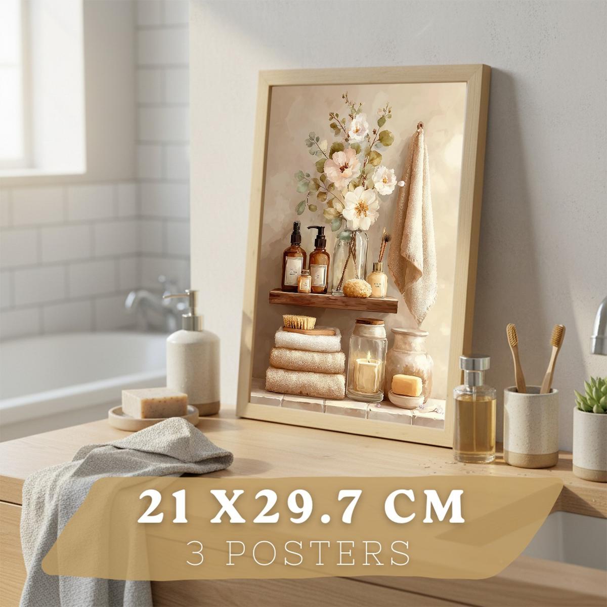 POSTER 3er-Set dekorative Badezimmerdrucke, gemütlicher Spa-Stil, Bilder mit Kerzen, Blumen und Handtüchern, entspannende, Leichter Holzrahmen A4 - Beige, Papier (29.7/21/3cm) - Nacnic